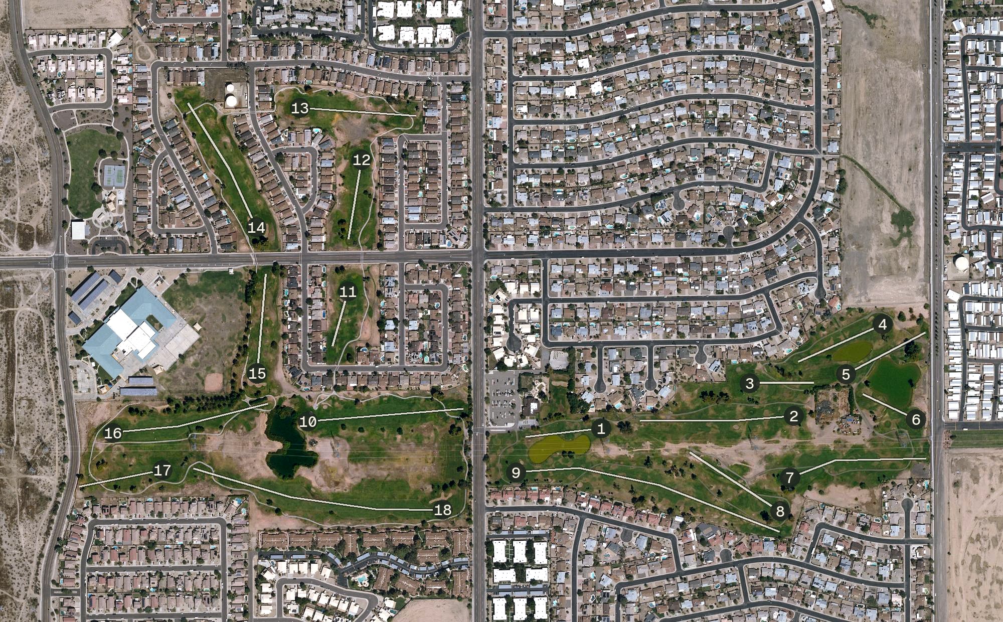 Aerial view of Peoria Pines Golf Course (Country Meadows), AZ