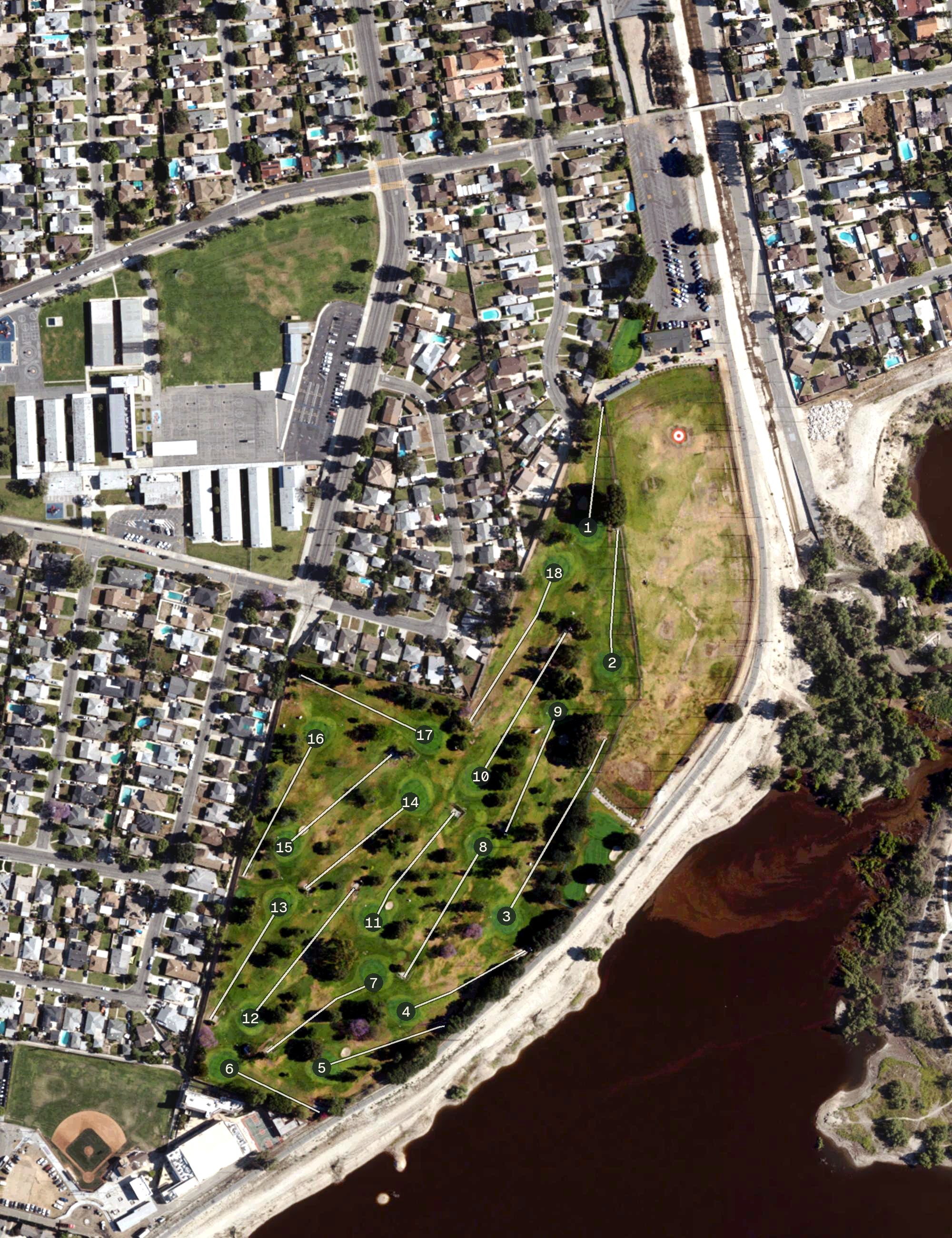 Aerial view of Arcadia Par 3 Golf Course, CA