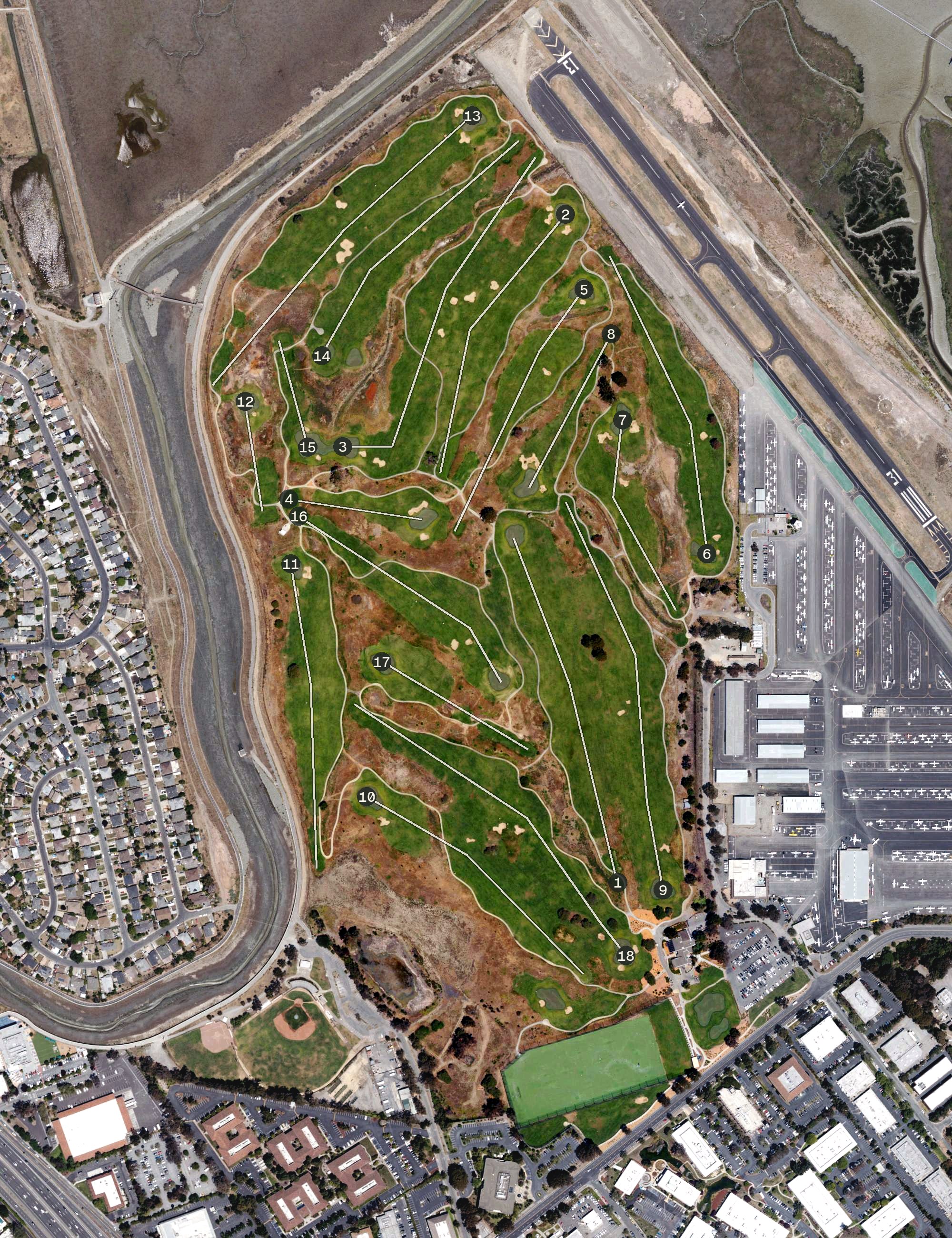 Aerial view of Baylands Golf Links, CA