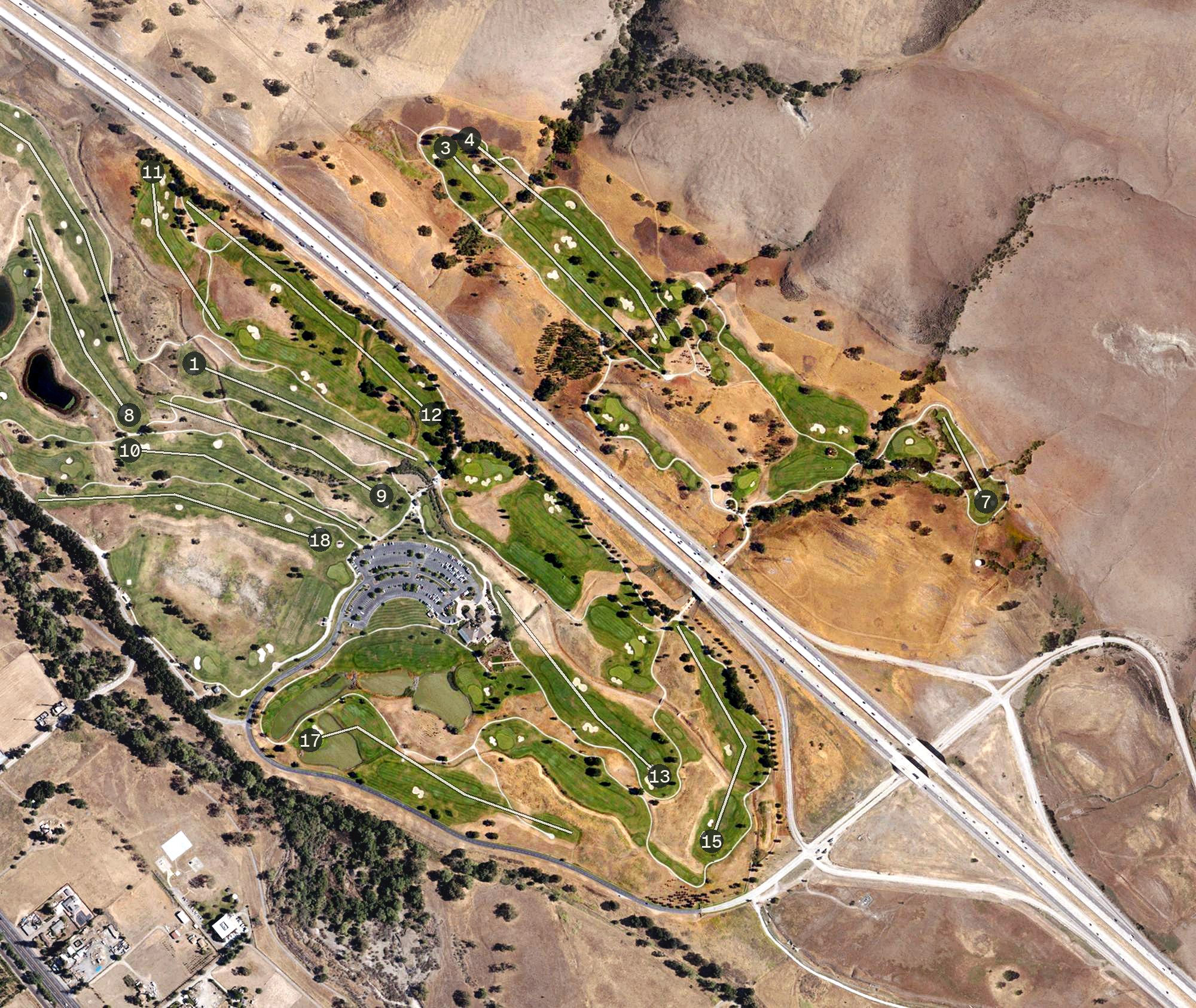 Aerial view of Coyote Creek Golf Club Tournament Course, CA