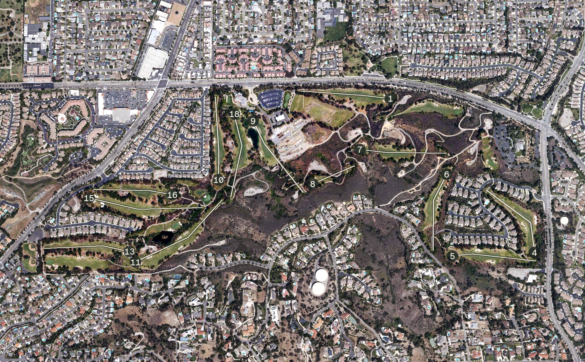 Aerial view of Coyote Hills Golf Course, CA