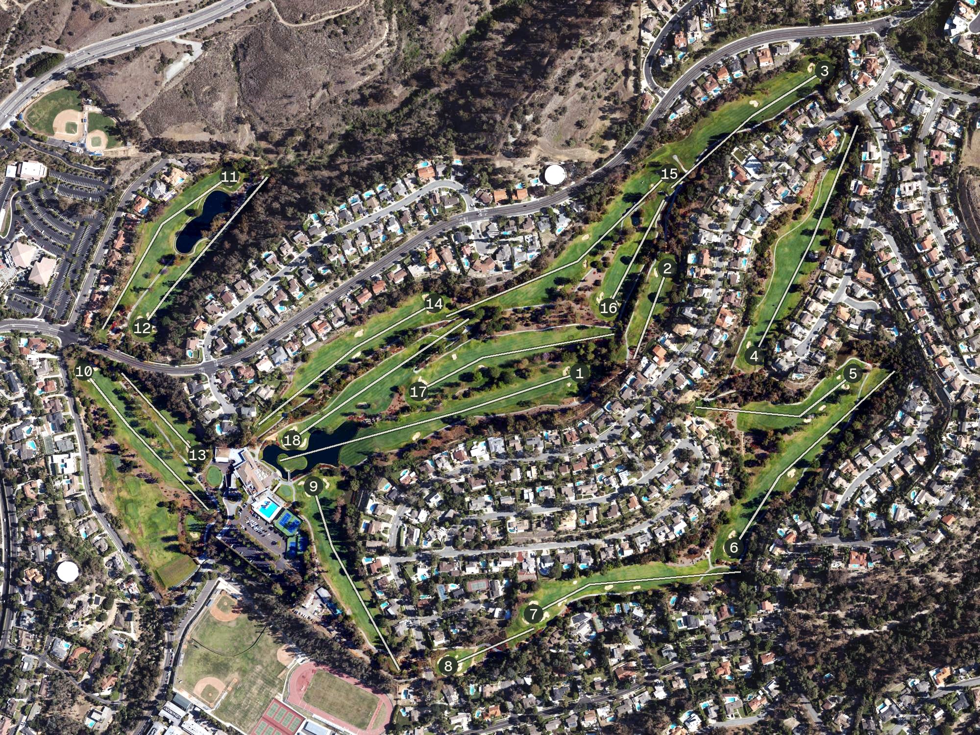 Aerial view of Friendly Hills Country Club, CA
