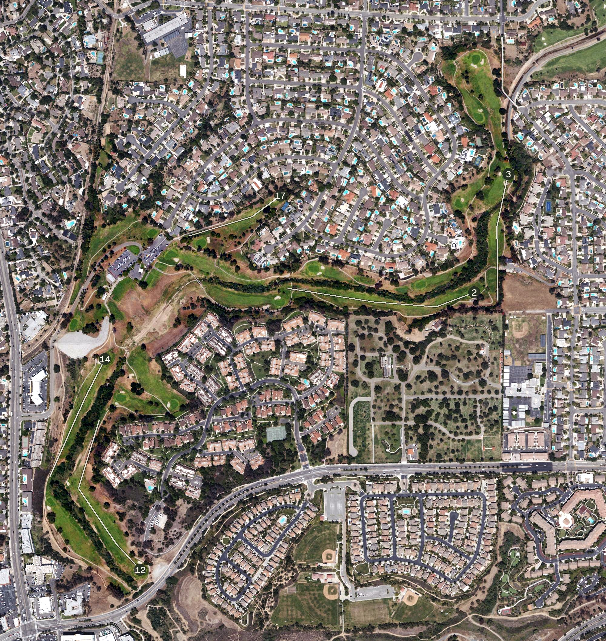 Aerial view of Fullerton Municipal Golf Course, CA