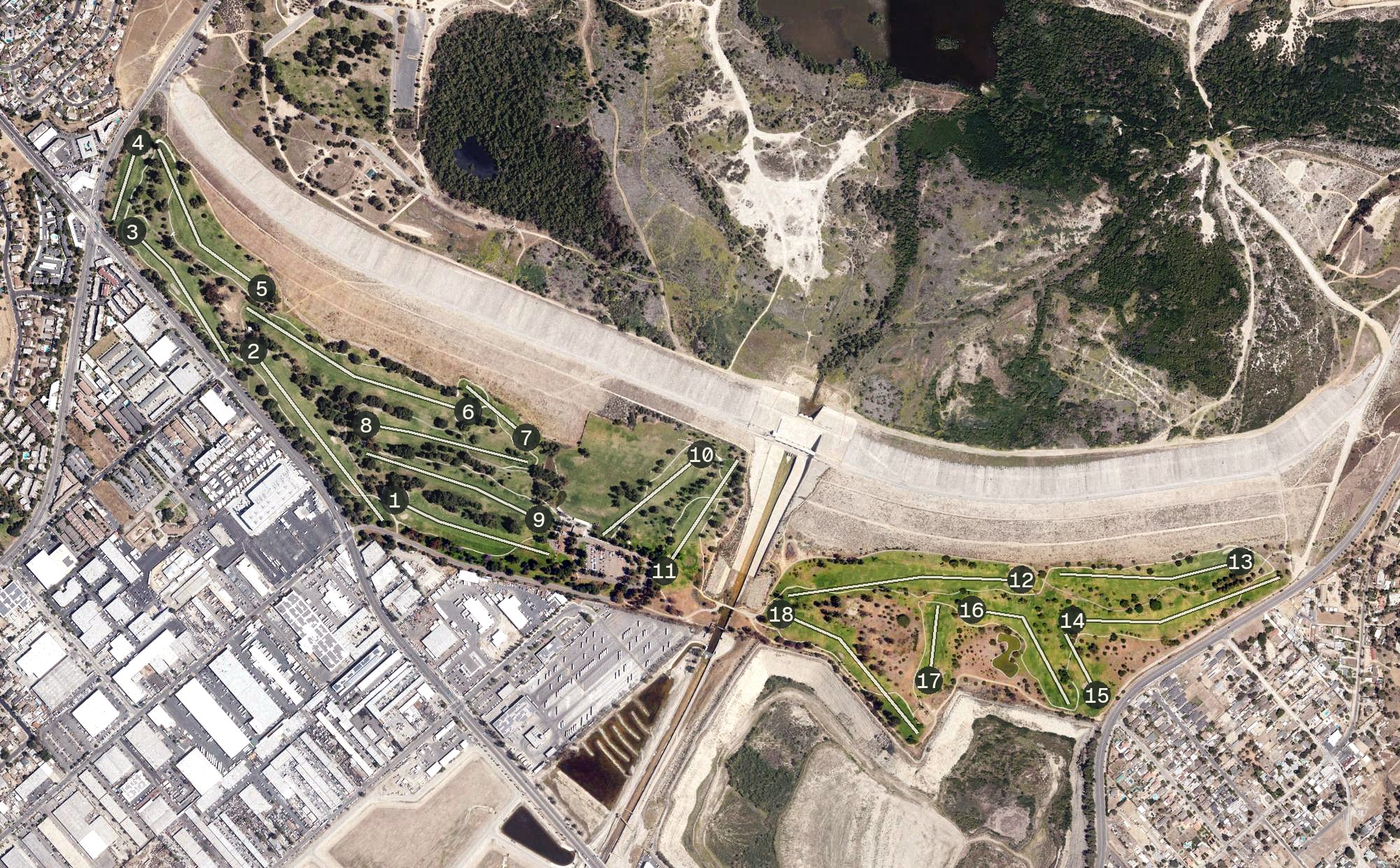 Aerial view of Hansen Dam Municipal Golf Course, CA