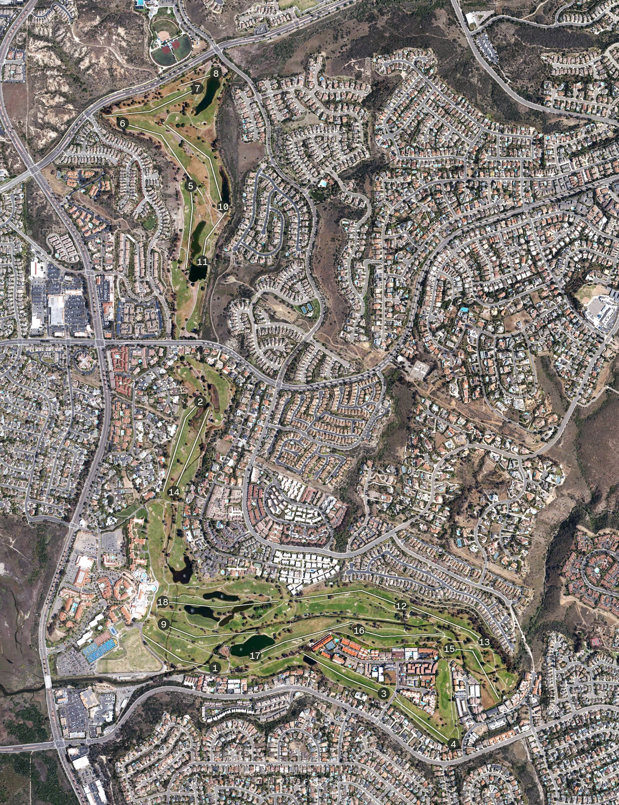 Aerial view of La Costa Omni Resort Golf Course, CA
