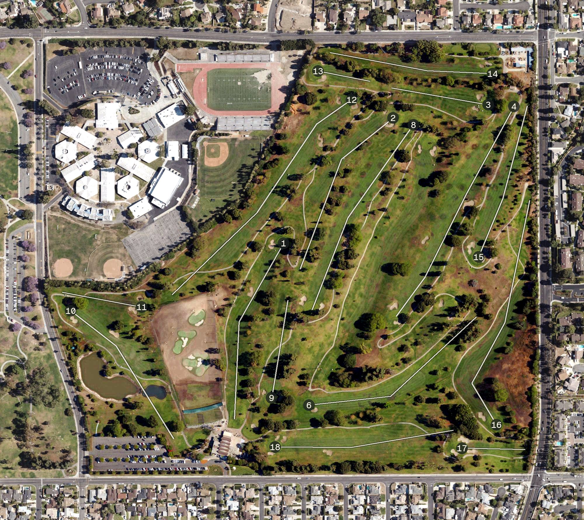 Aerial view of La Mirada Golf Course, CA