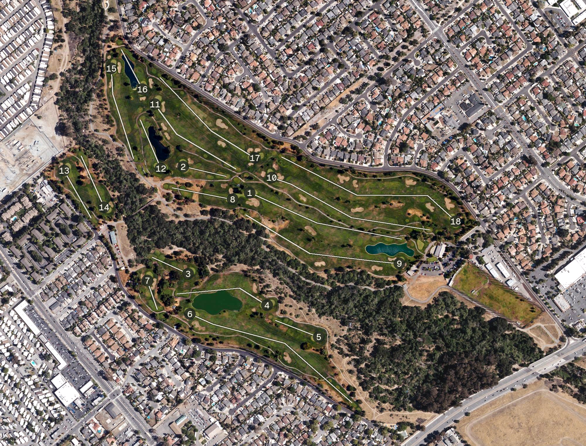 Aerial view of Los Lagos Golf Course, CA