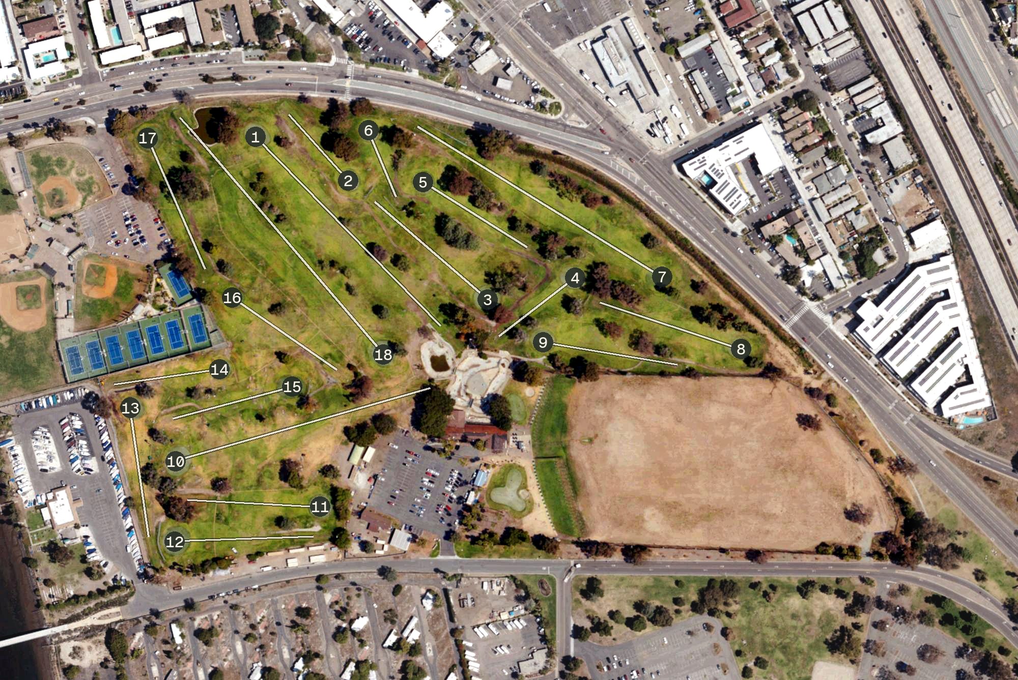 Aerial view of Mission Bay Golf Course and Practice Center, CA
