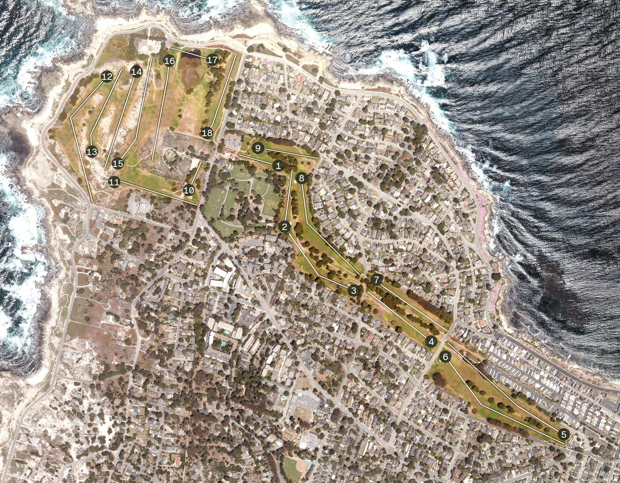 Aerial view of Pacific Grove Golf Links, CA