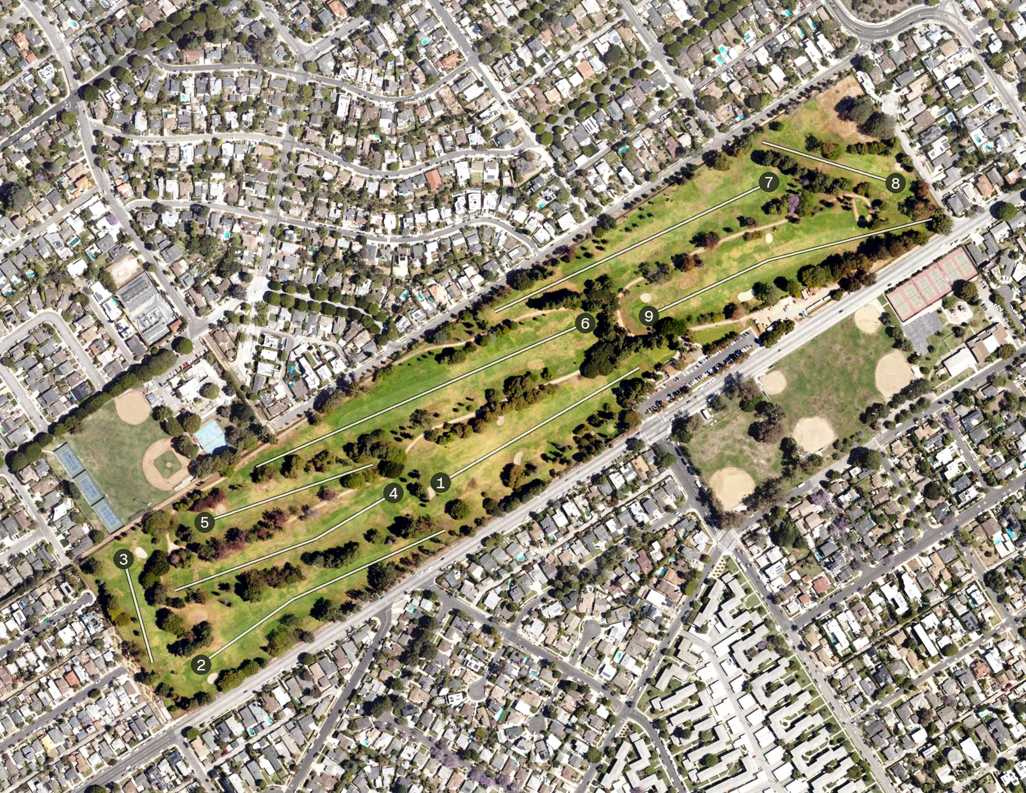 Aerial view of Penmar Municipal Golf Course, CA