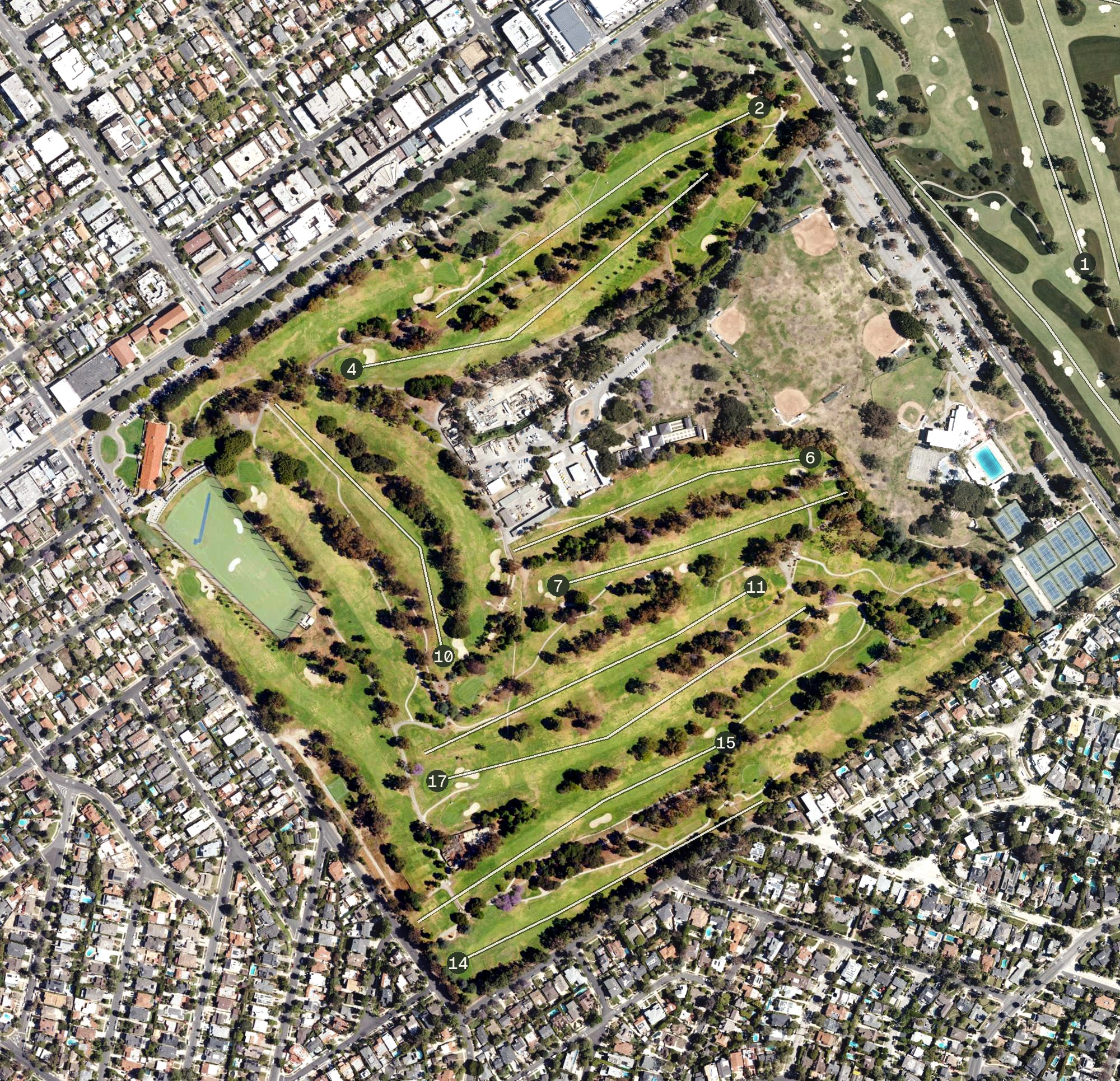 Aerial view of Rancho Park Golf Course, CA