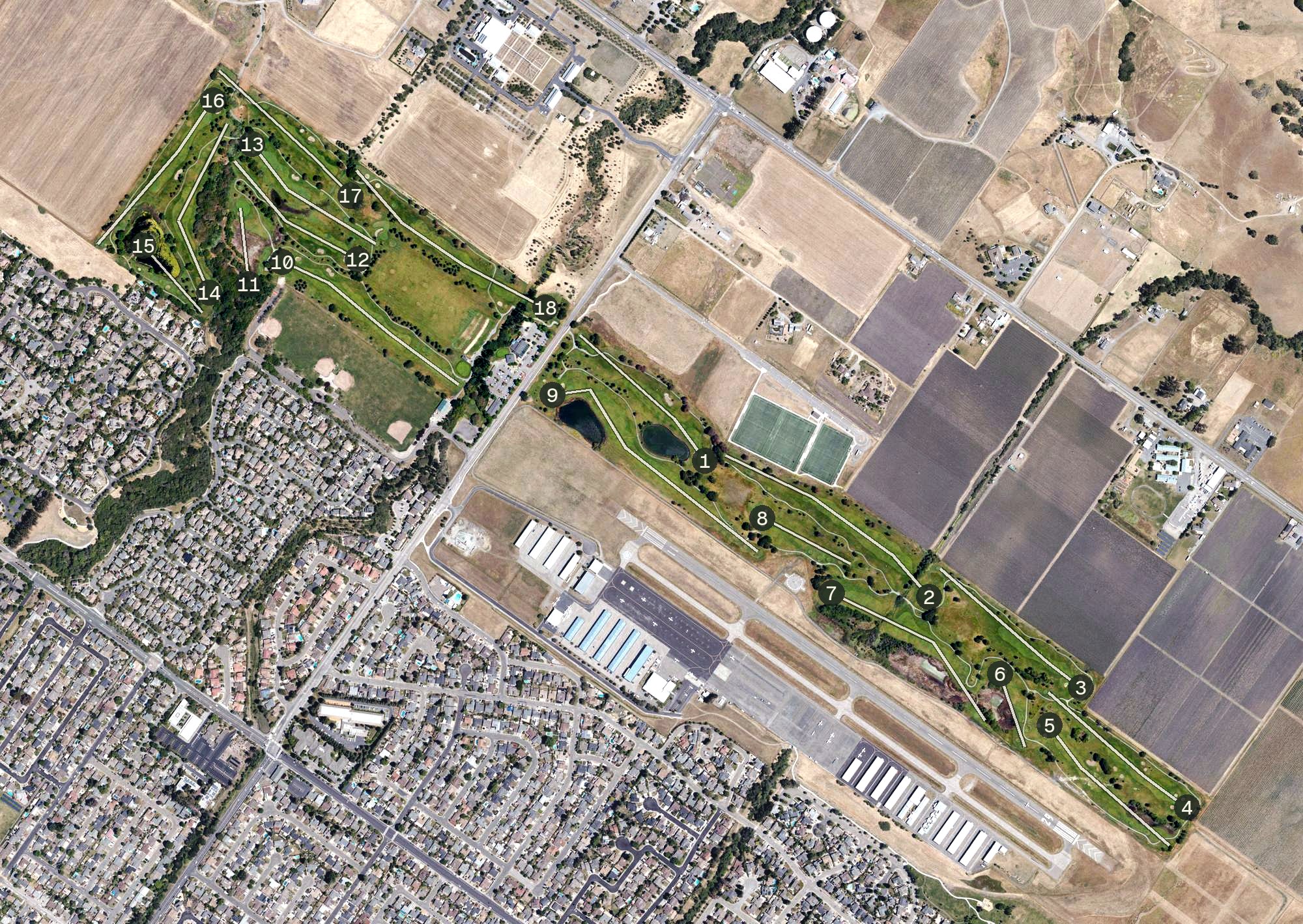 Aerial view of Rooster Run Golf Club, CA
