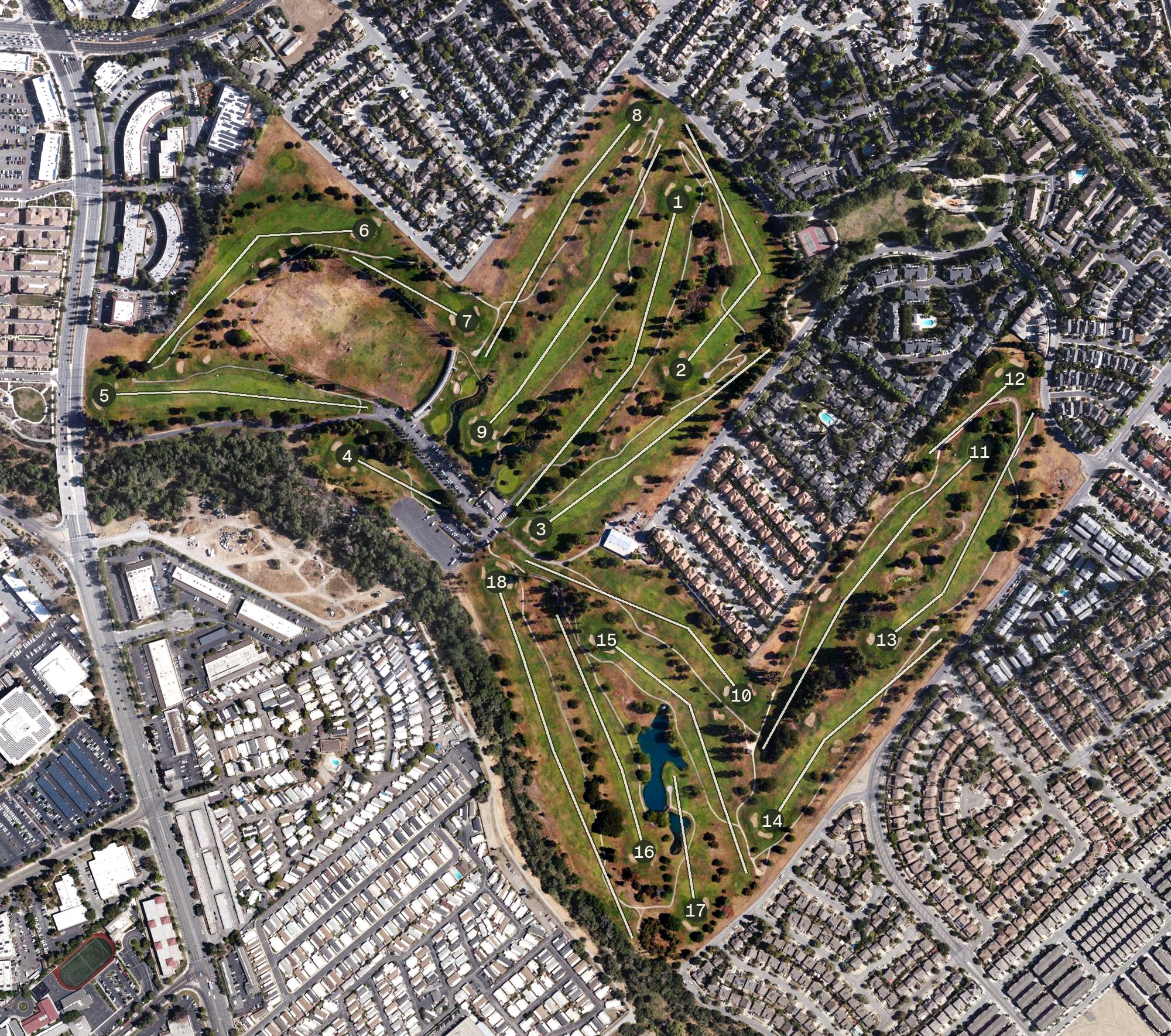 Aerial view of San Jose Municipal Golf Course, CA