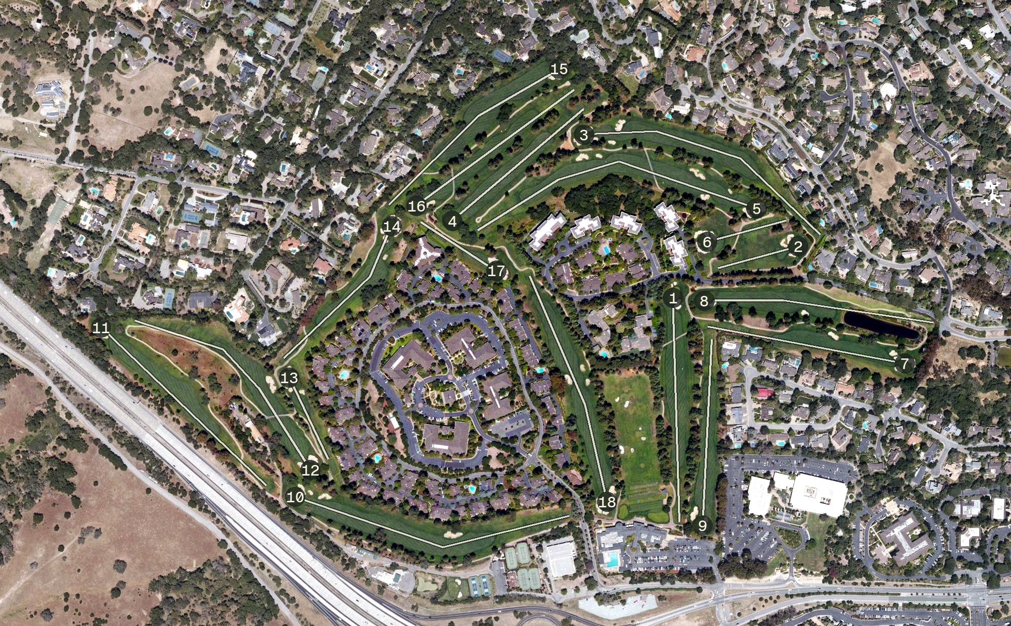 Aerial view of Sharon Heights Golf Course, CA