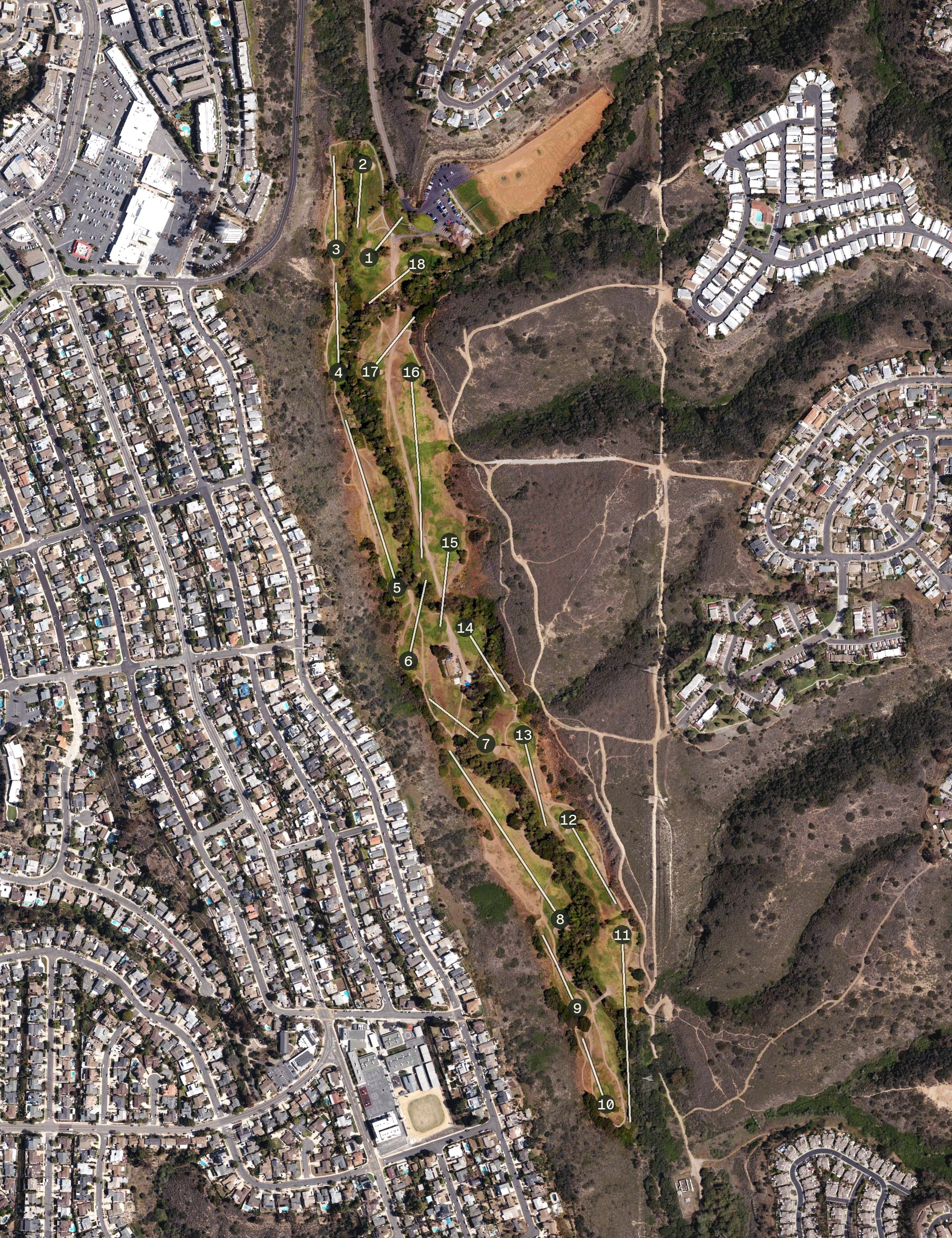 Aerial view of Tecolote Canyon Golf Course, CA