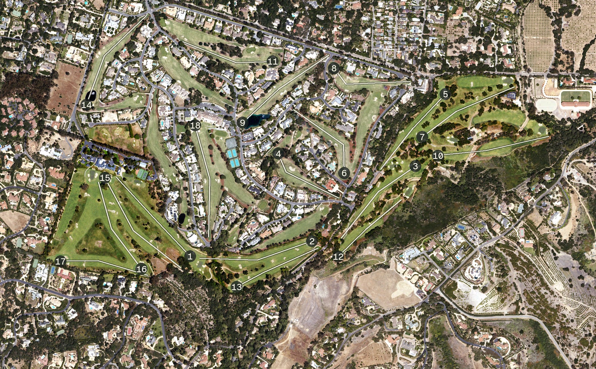 Aerial view of Valley Club of Montecito, CA