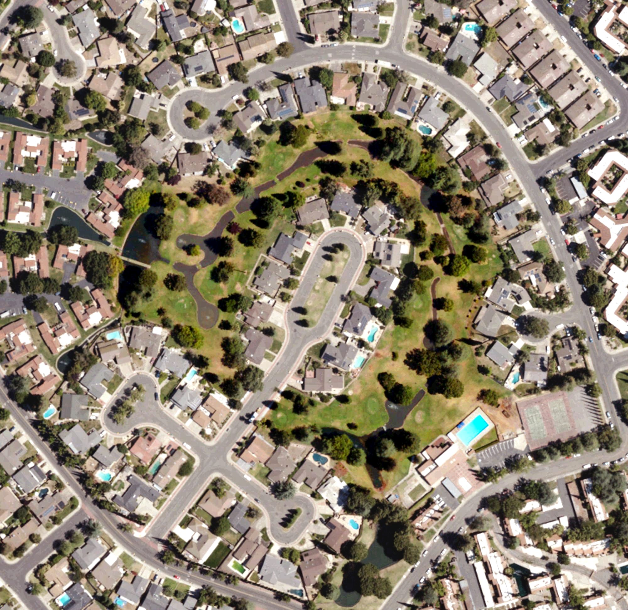 Aerial view of Venetian Gardens Golf Course, CA