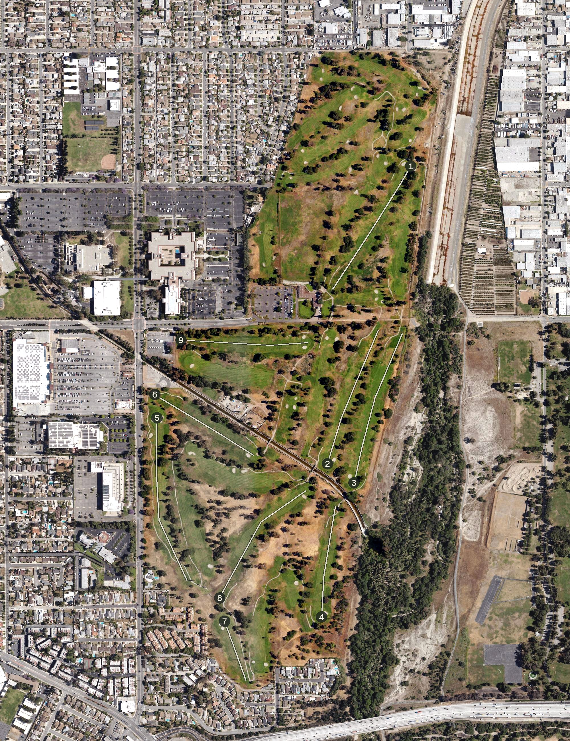 Aerial view of Whittier Narrows Golf Course, CA