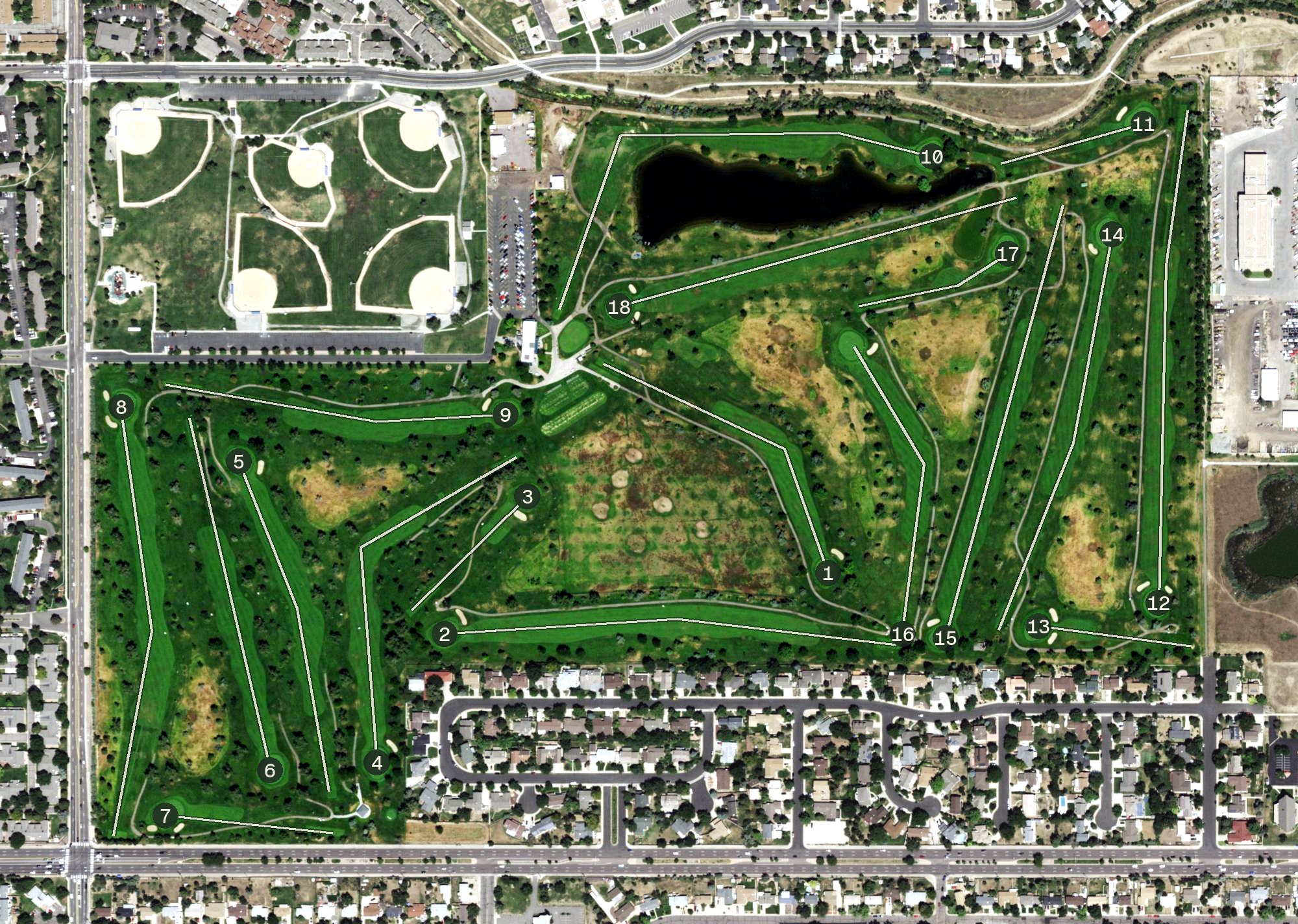 Aerial view of Aurora Hills Golf Course, CO