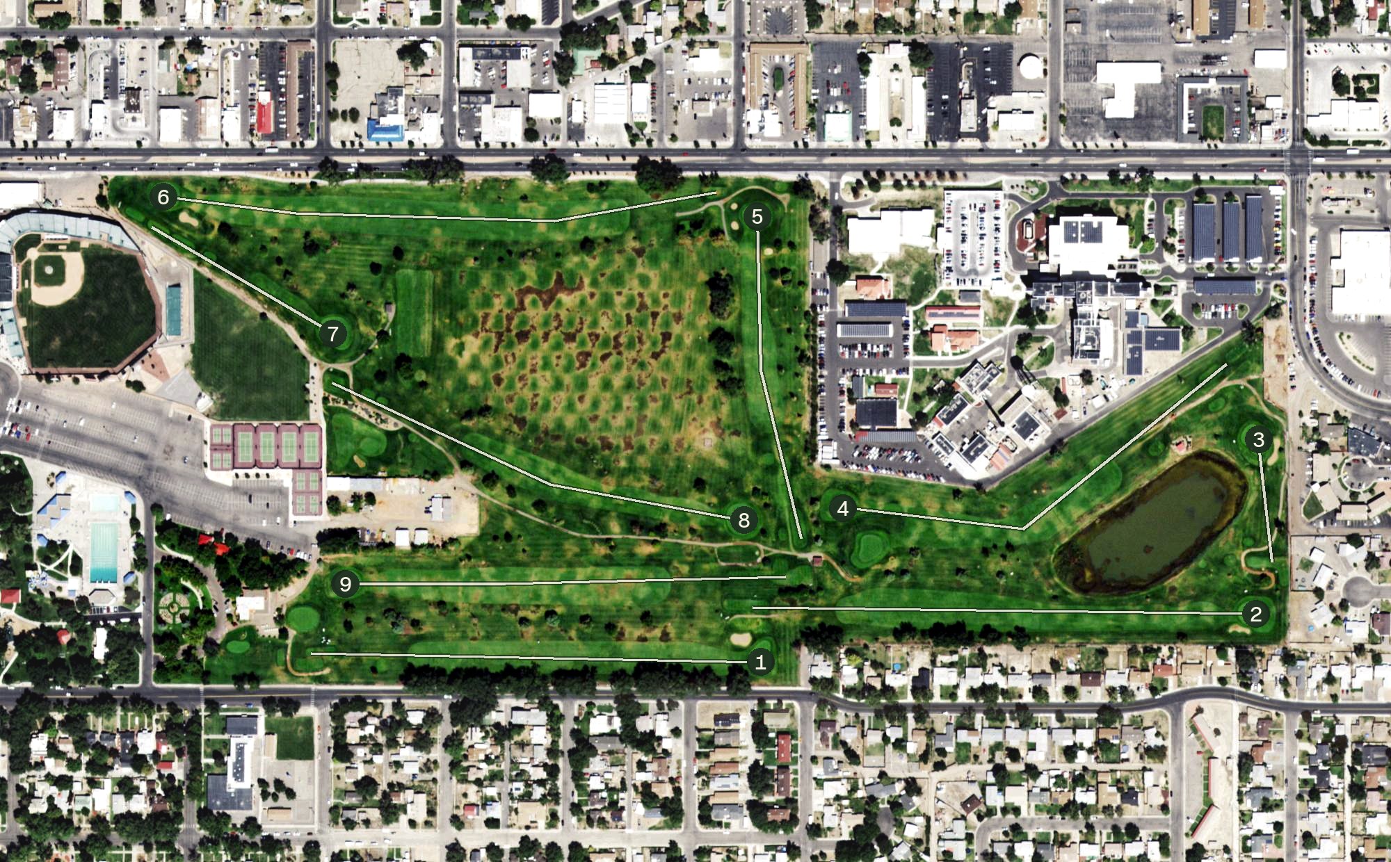 Aerial view of Lincoln Park Golf Course, CO