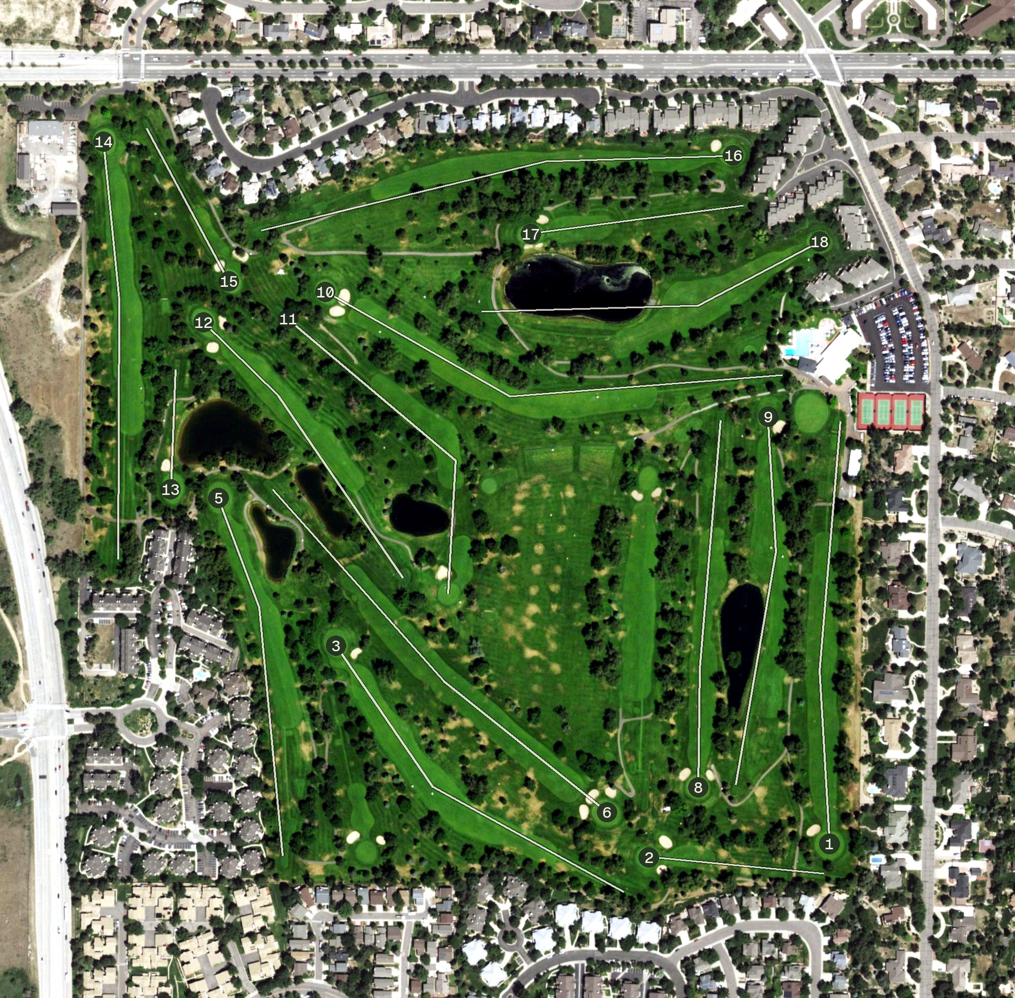 Aerial view of Meadow Hills Golf Course, CO