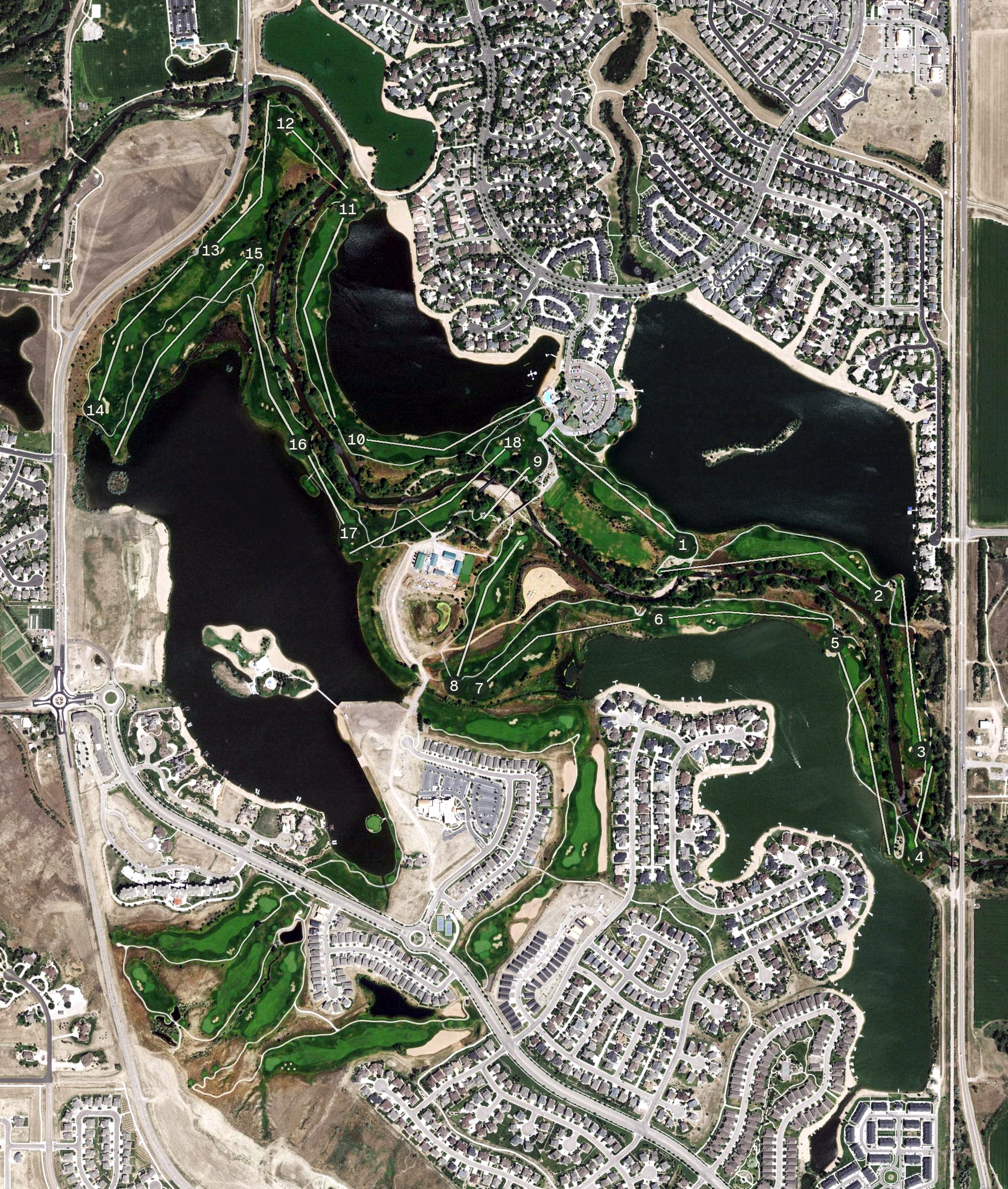Aerial view of Pelican Lakes Golf Course, CO