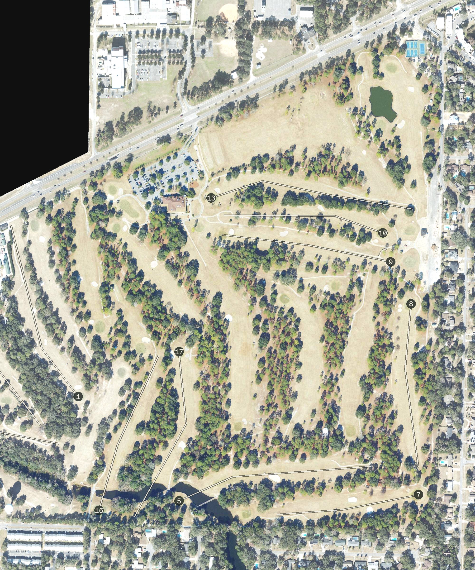 Aerial view of Fort Walton Beach Golf Club - Pines Course, FL