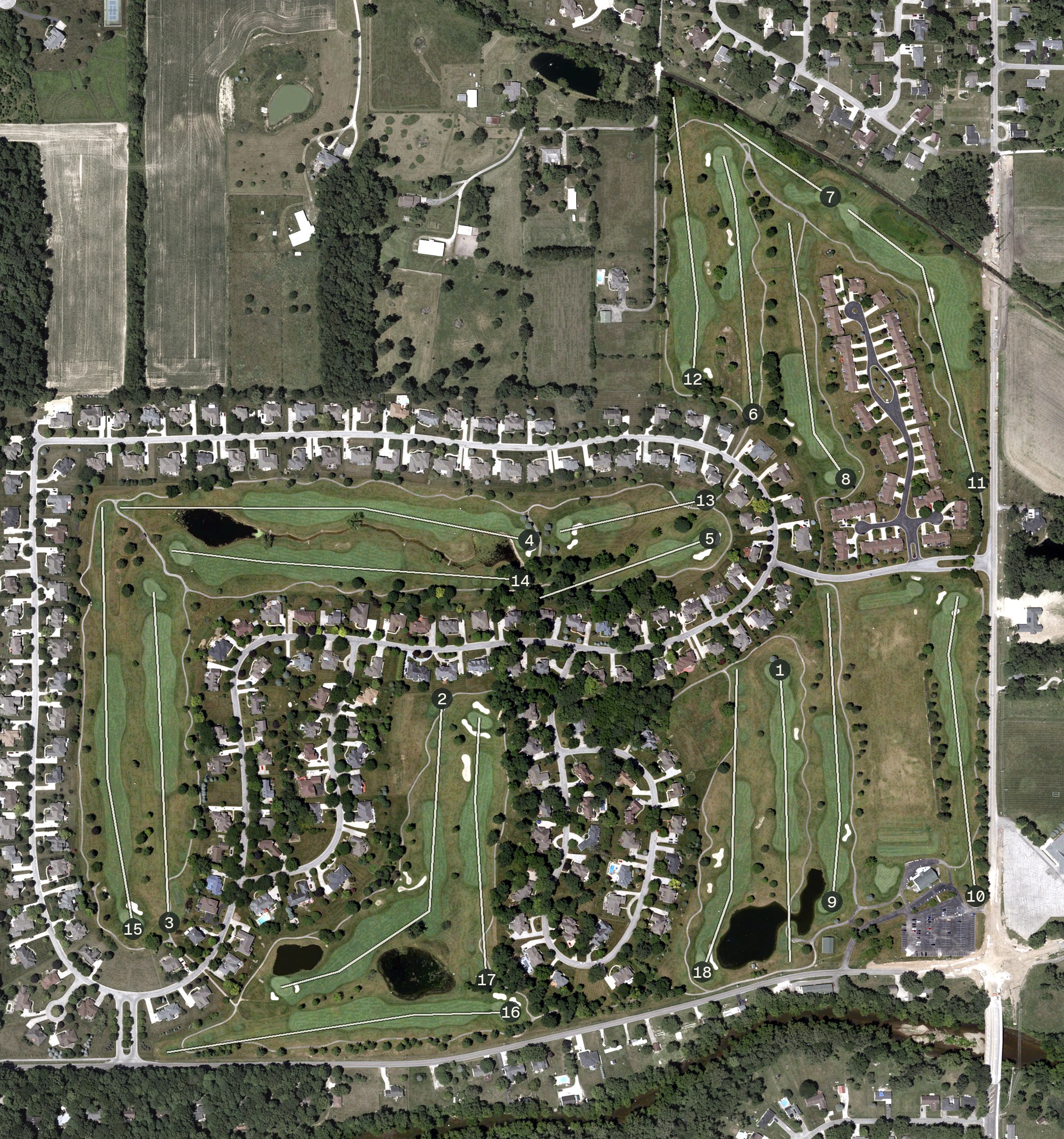 Aerial view of The Players Club at Woodland Trails, IN