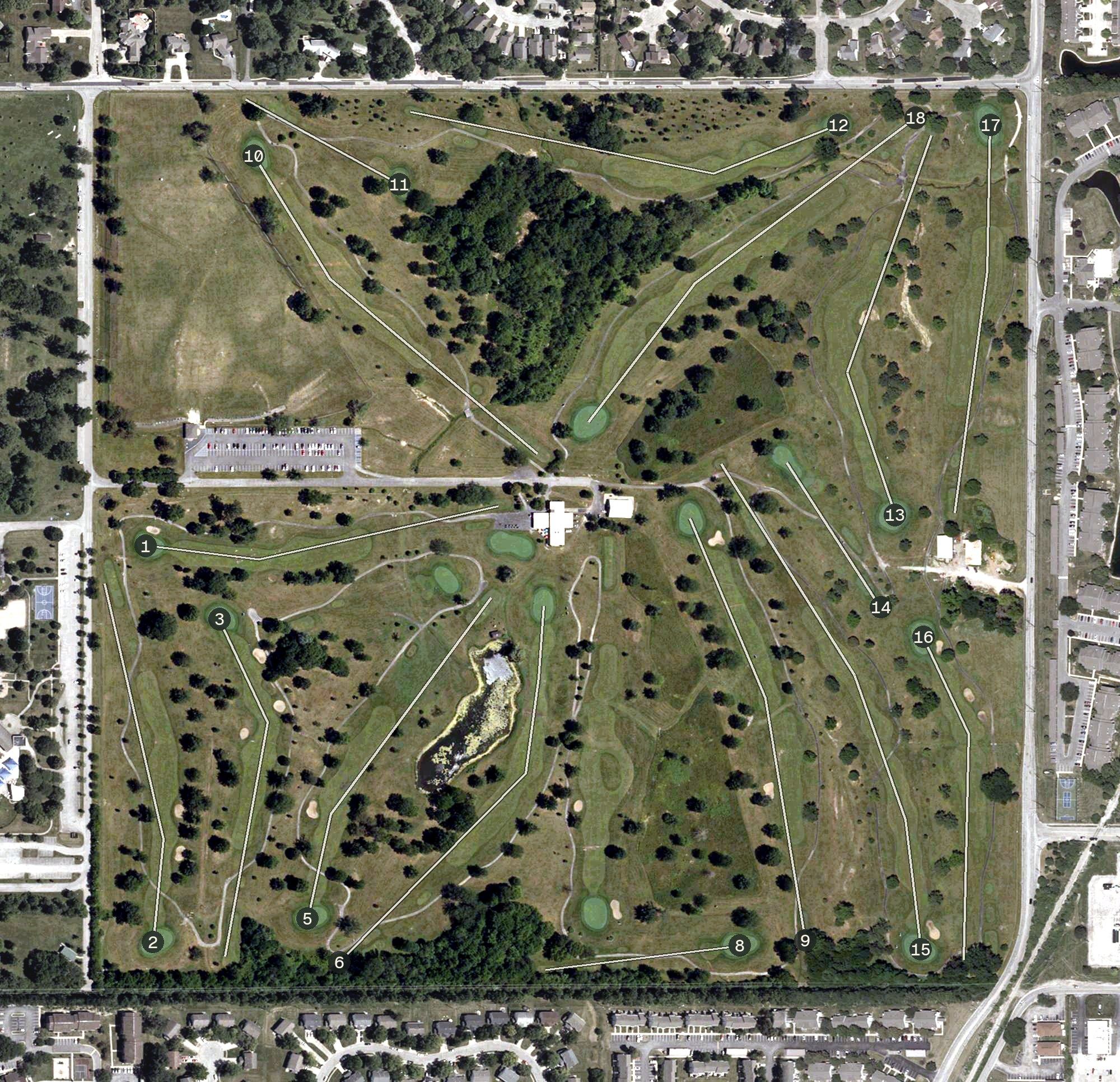Aerial view of William S. Sahm Park Golf Course, IN