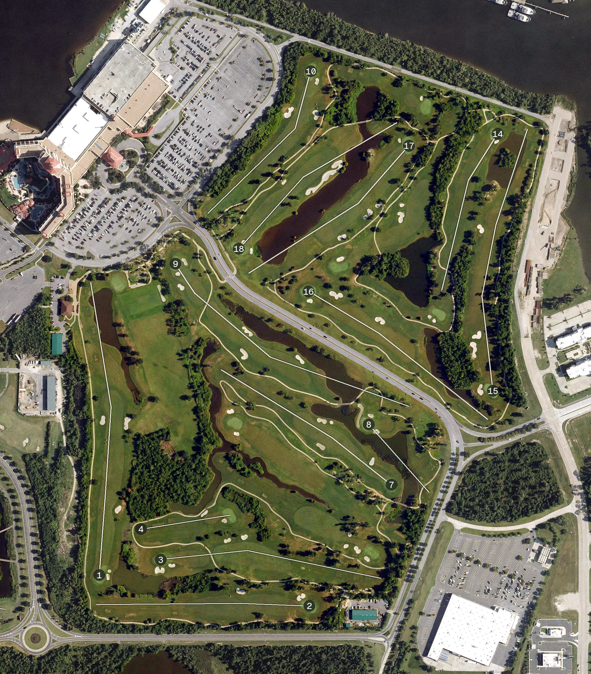 Aerial view of Contraband Bayou Golf Club at L'Auberge Du Lac, LA
