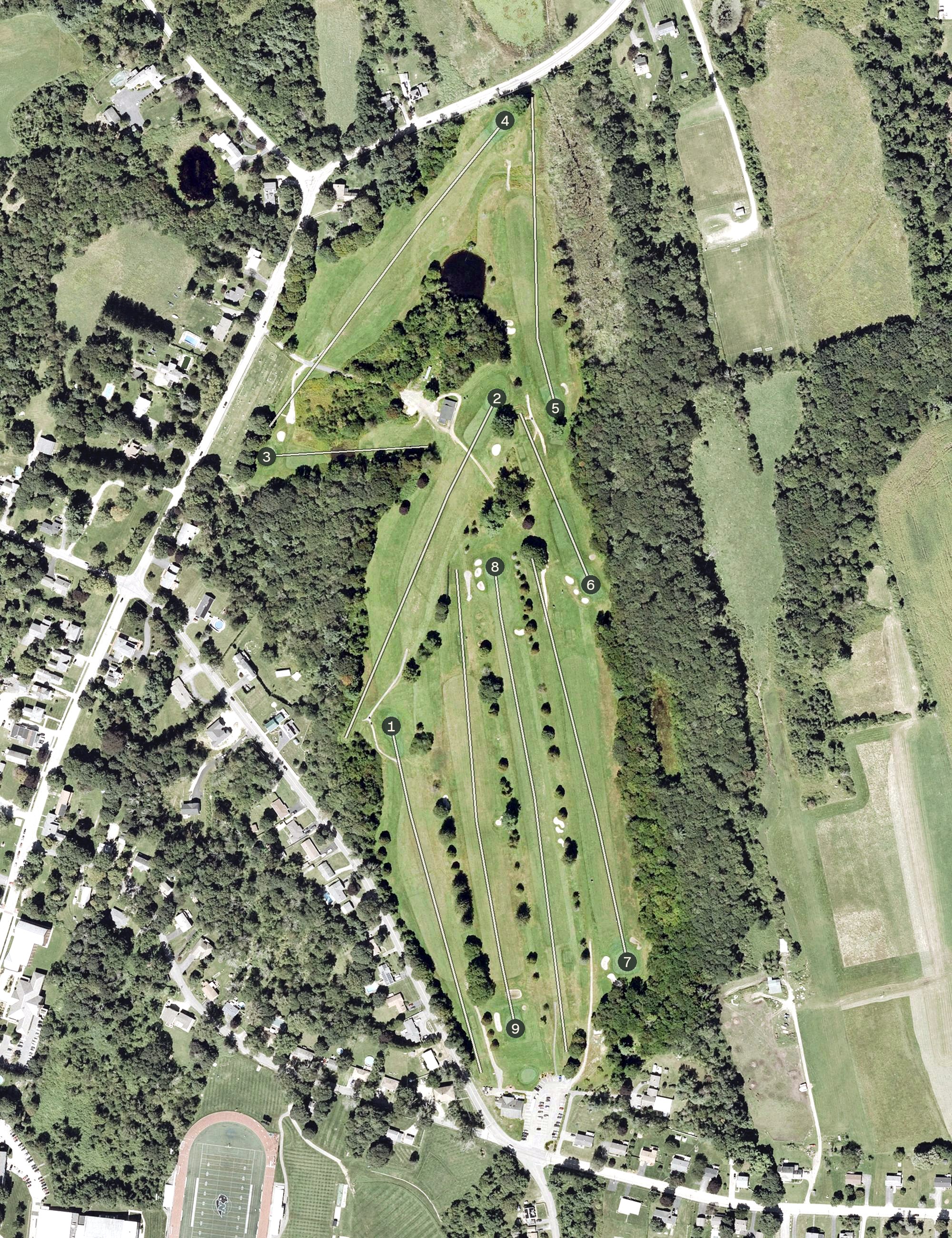 Aerial view of Dudley Hill Golf Club at Nichols College, MA