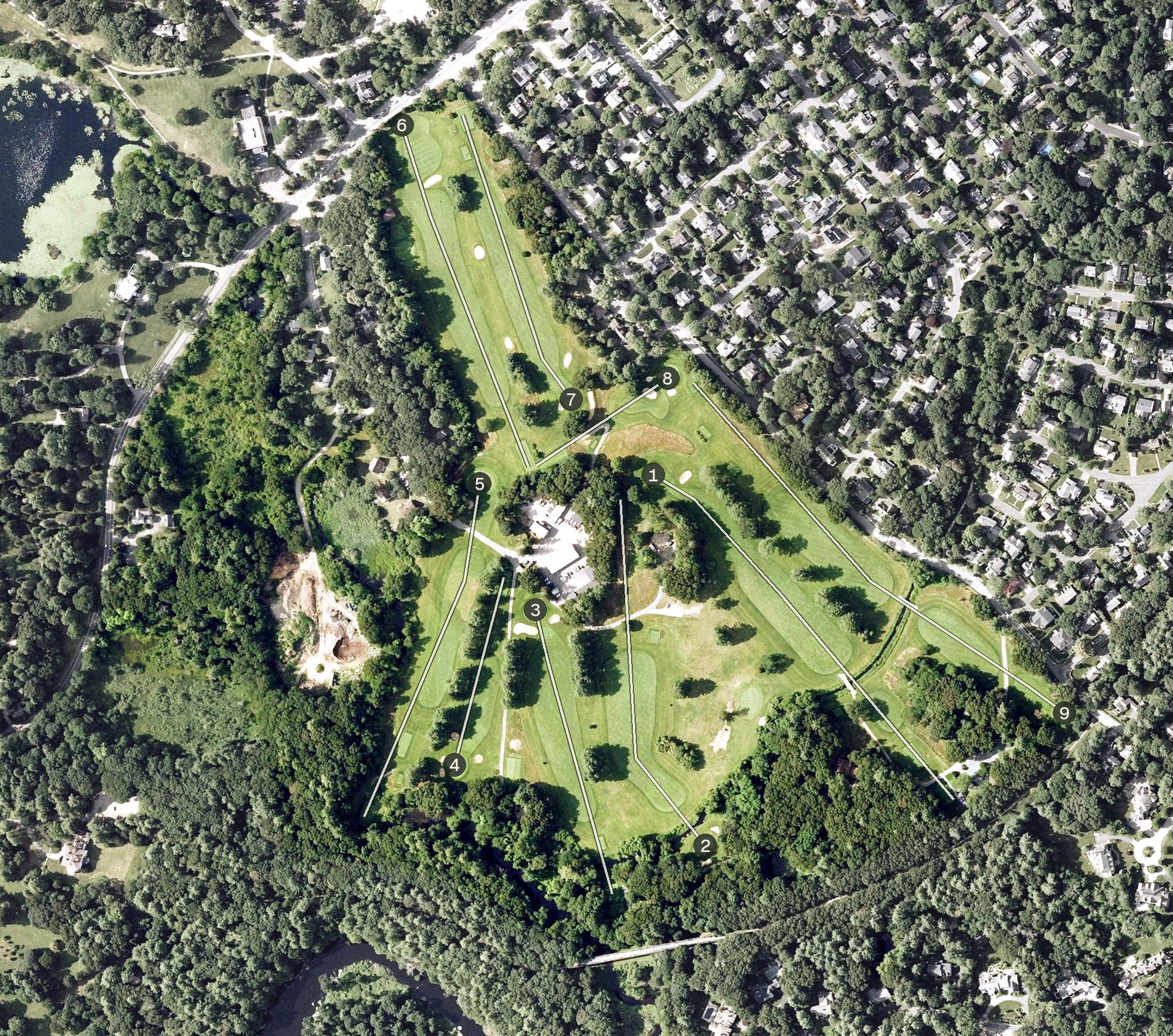 Aerial view of Nehoiden Golf Club at Wellesley College, MA