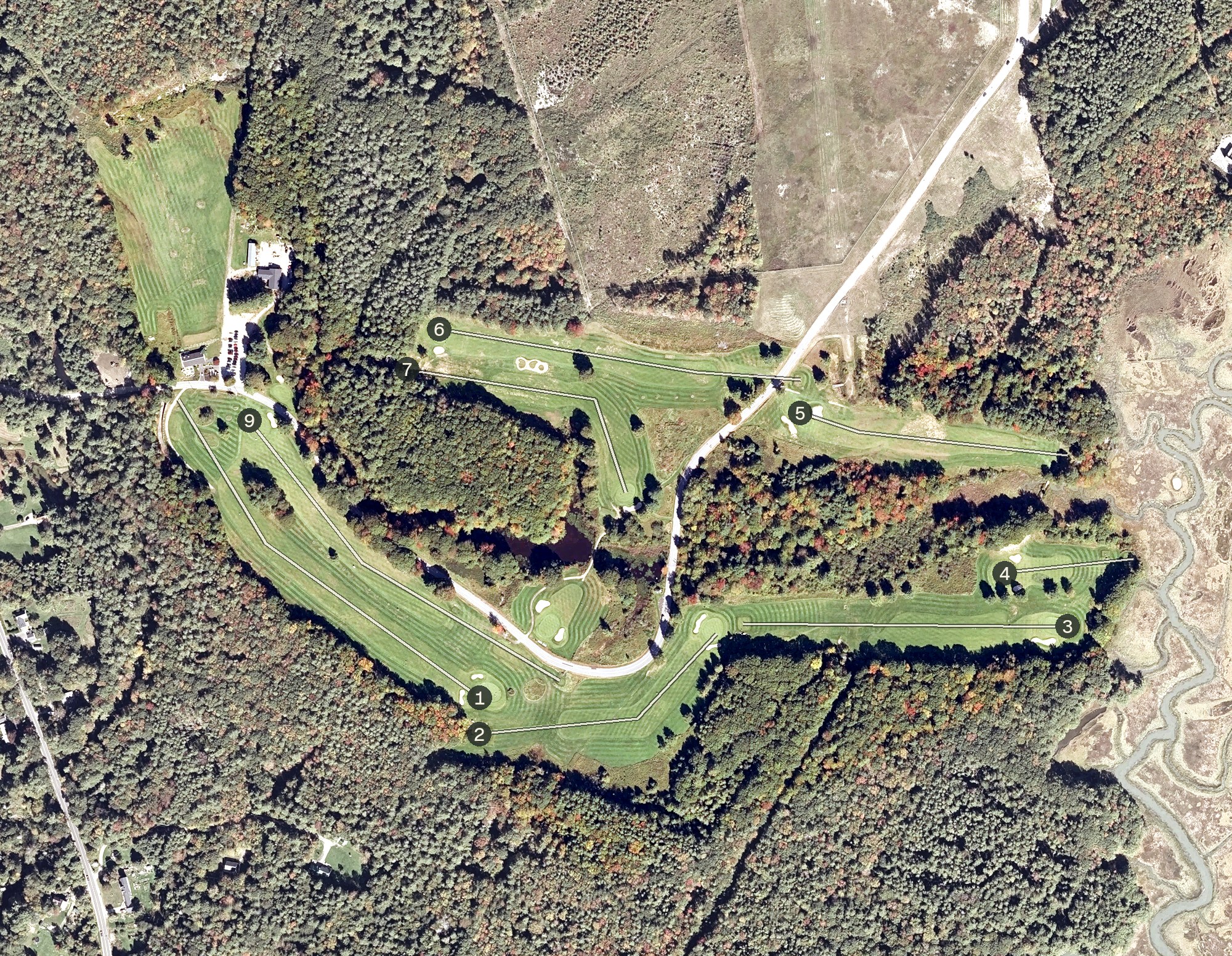 Aerial view of Mere Creek Golf Club, ME