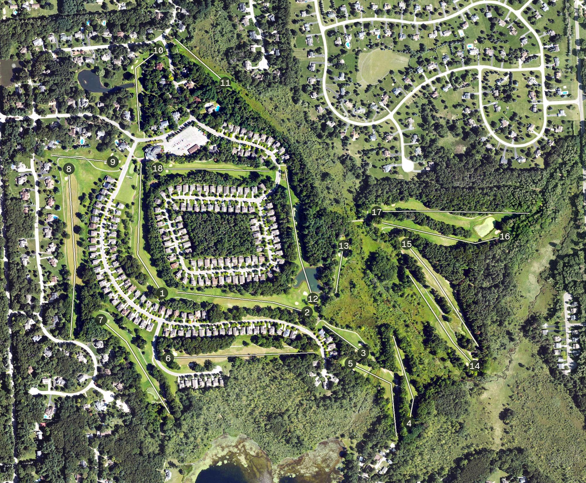 Aerial view of Whispering Pines Golf Club, MI