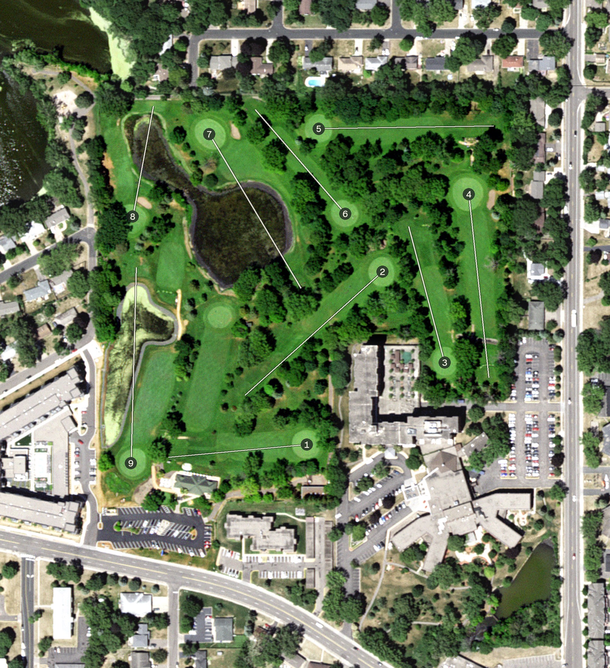 Aerial view of New Hope Village Golf Course, MN