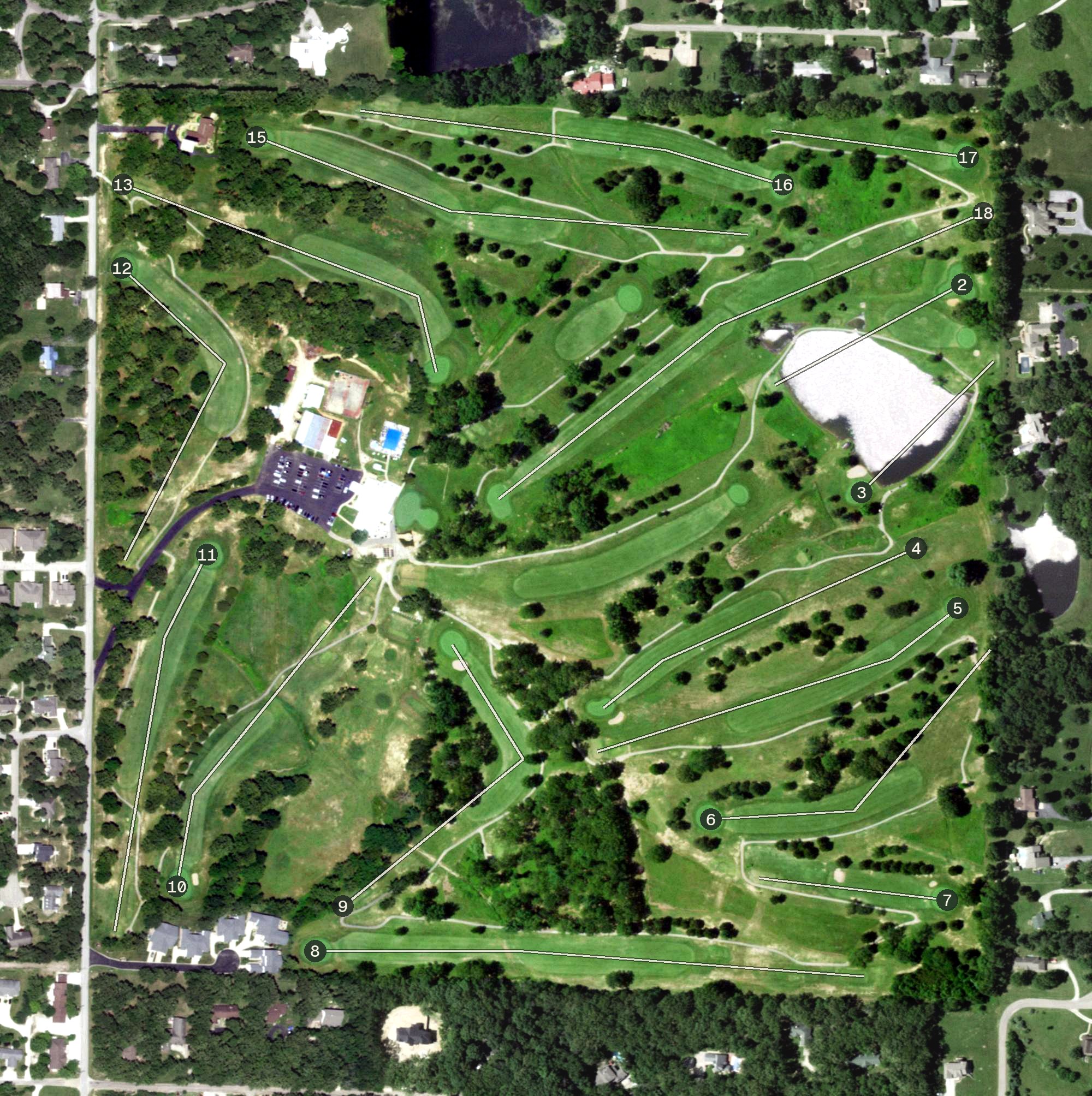 Aerial view of Oak Meadow Country Club, MO