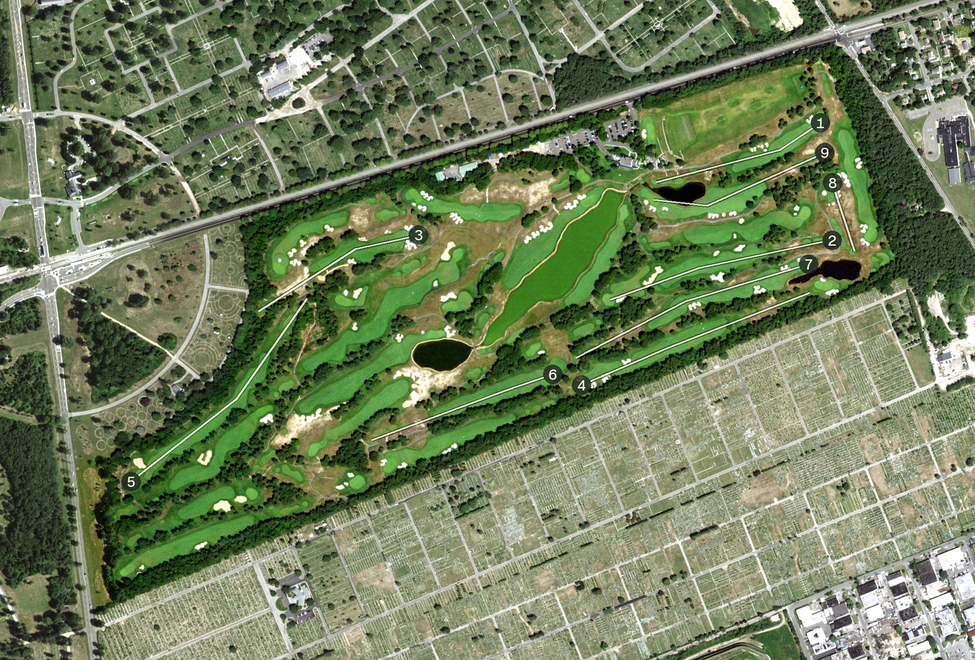 Aerial view of Colonial Springs Golf Club, NY