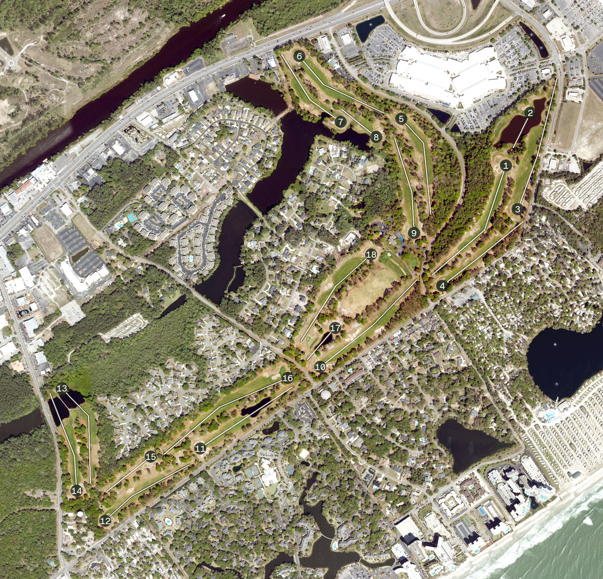Aerial view of Arcadian Shores Golf Club, SC