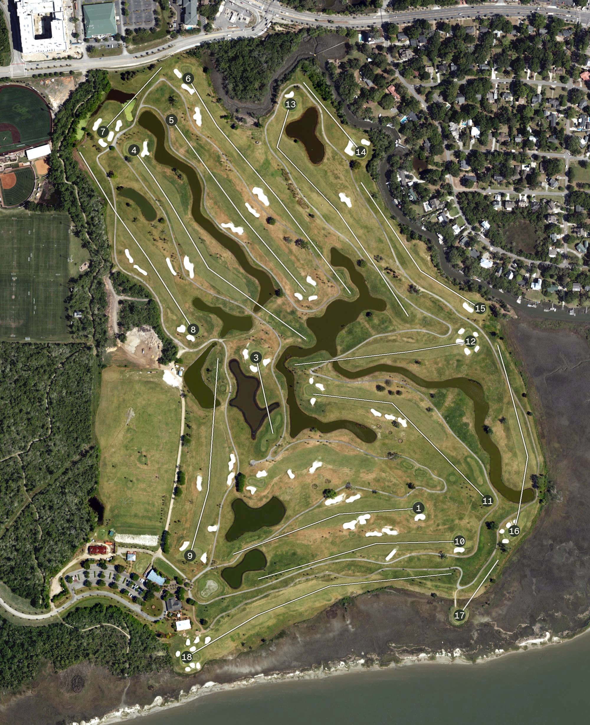 Aerial view of Patriot Point Links on Charleston Harbor, SC