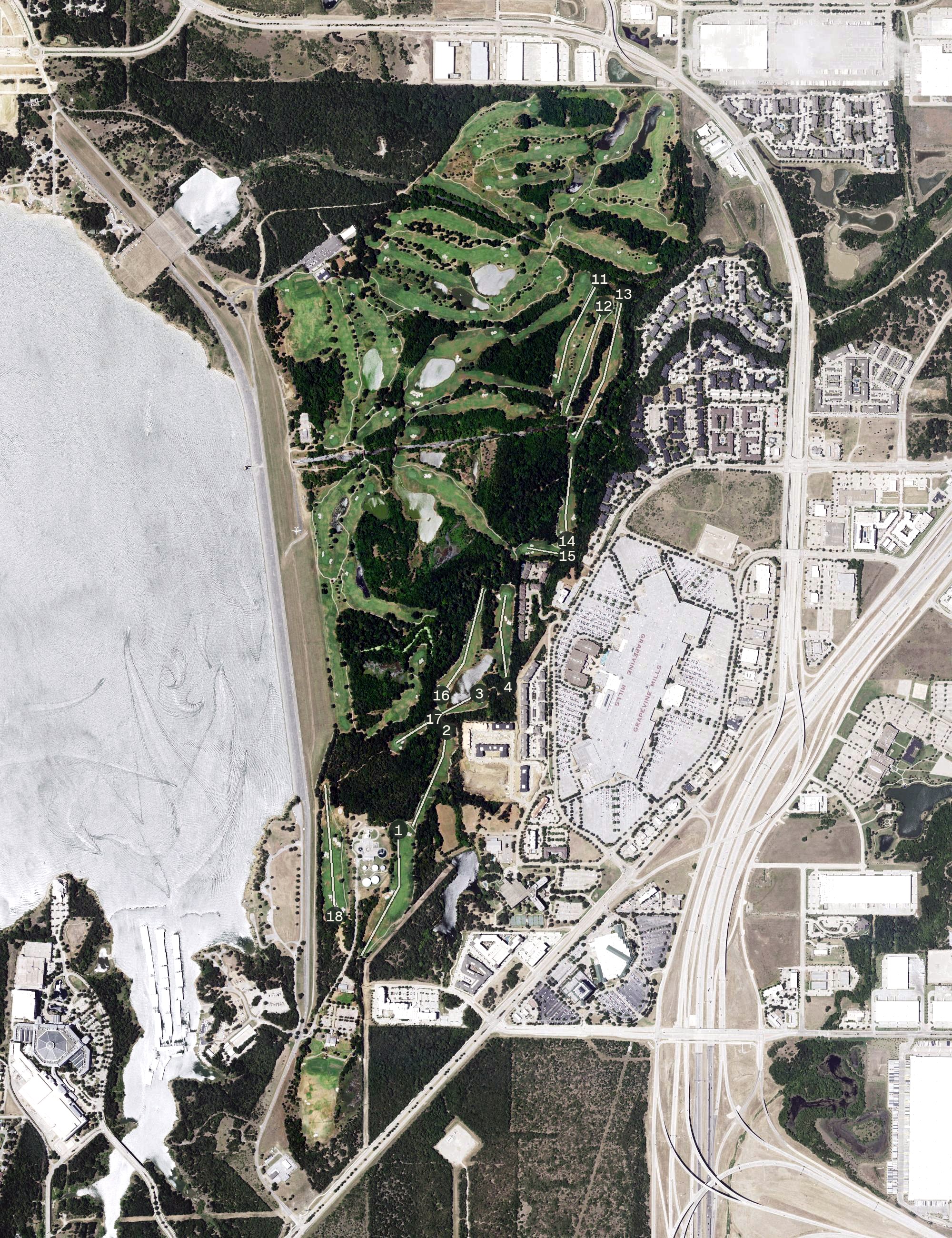 Aerial view of Cowboys Golf Club and Grapevine Golf Course, TX