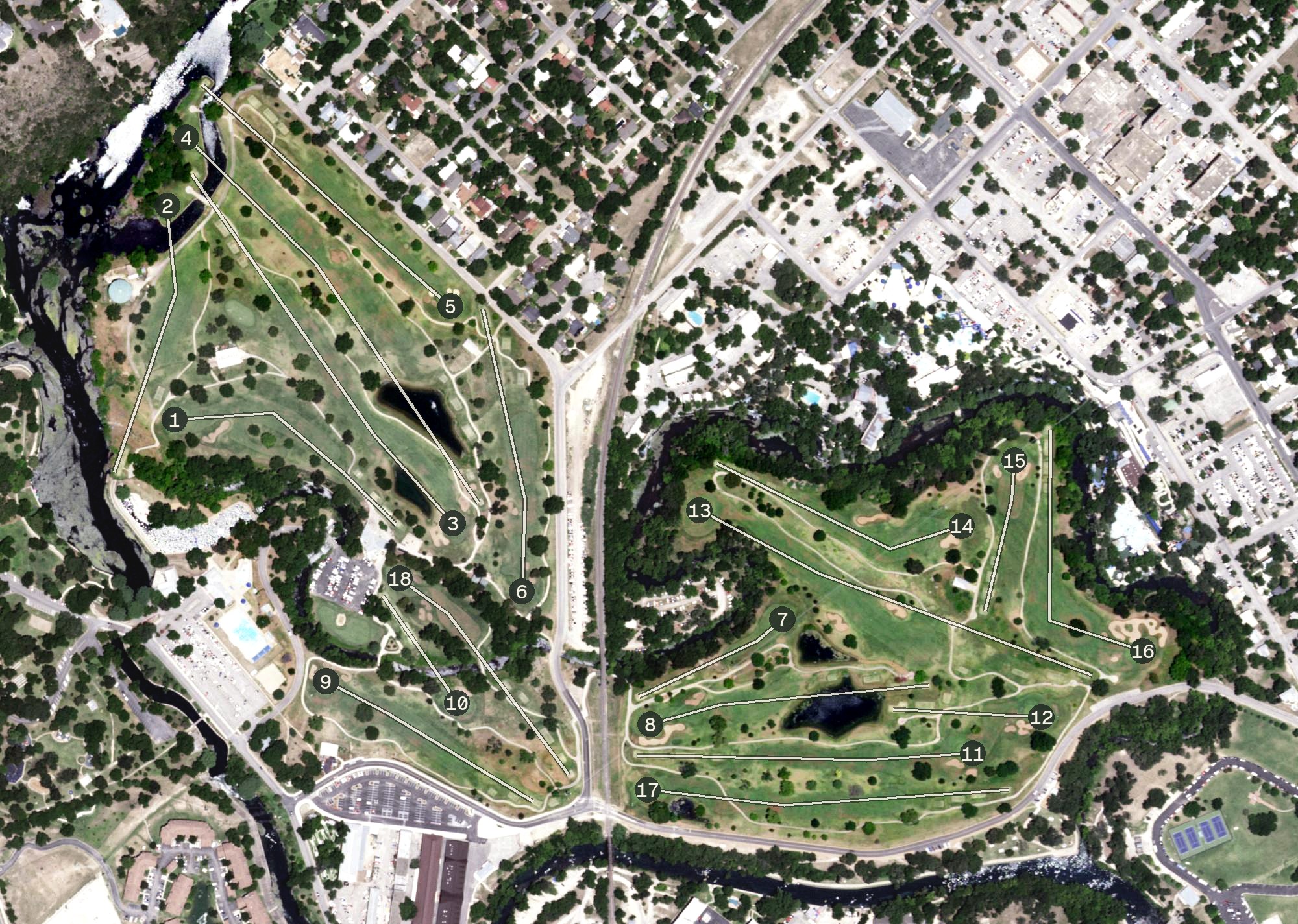 Aerial view of Landa Park Golf Course, TX