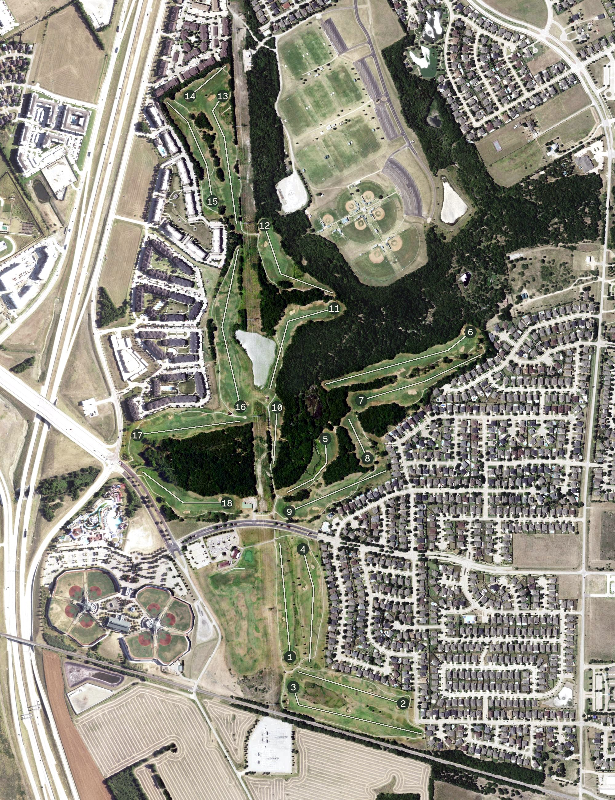 Aerial view of Mansfield National Golf Club, TX