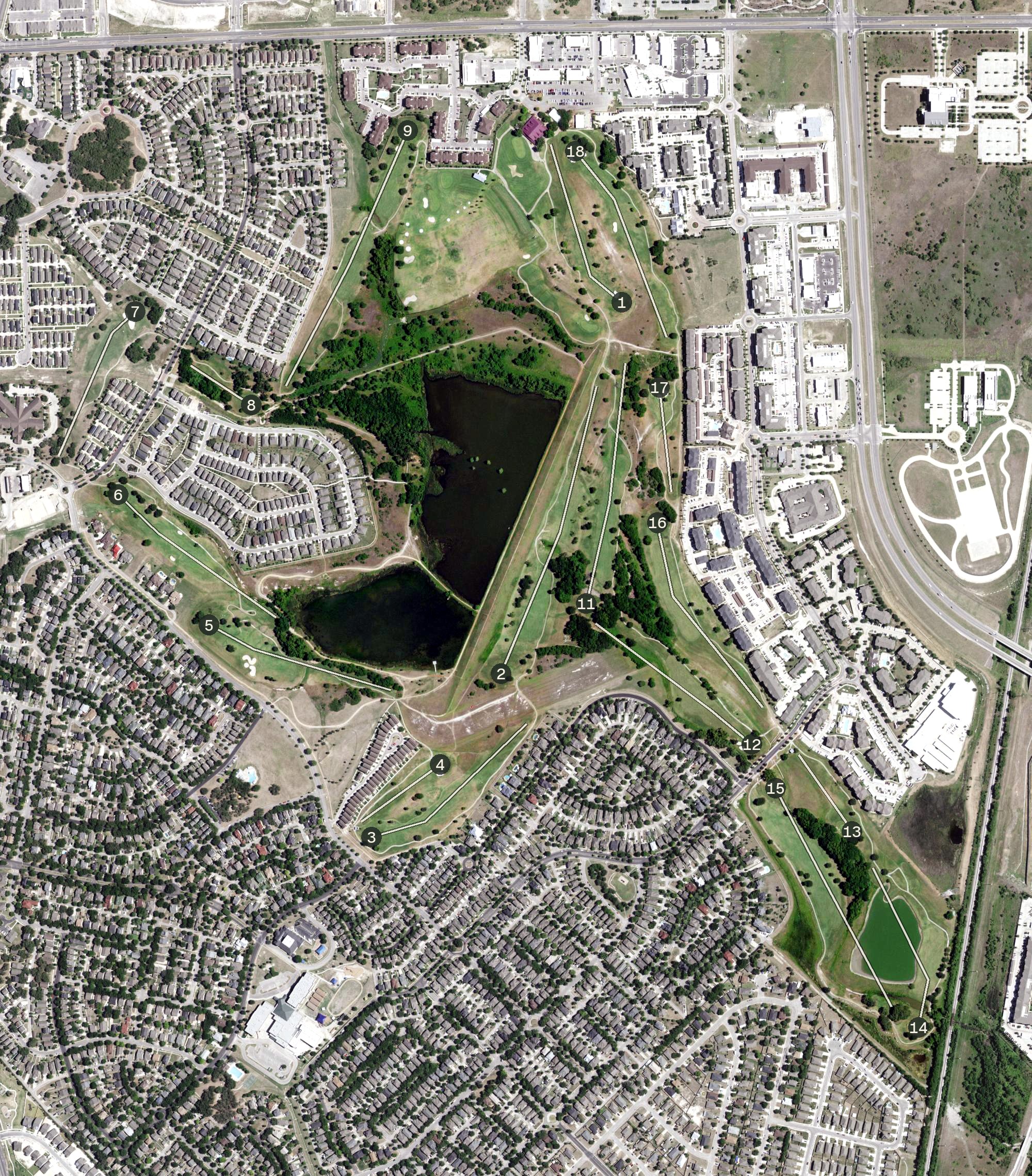 Aerial view of Plum Creek Golf Course, TX