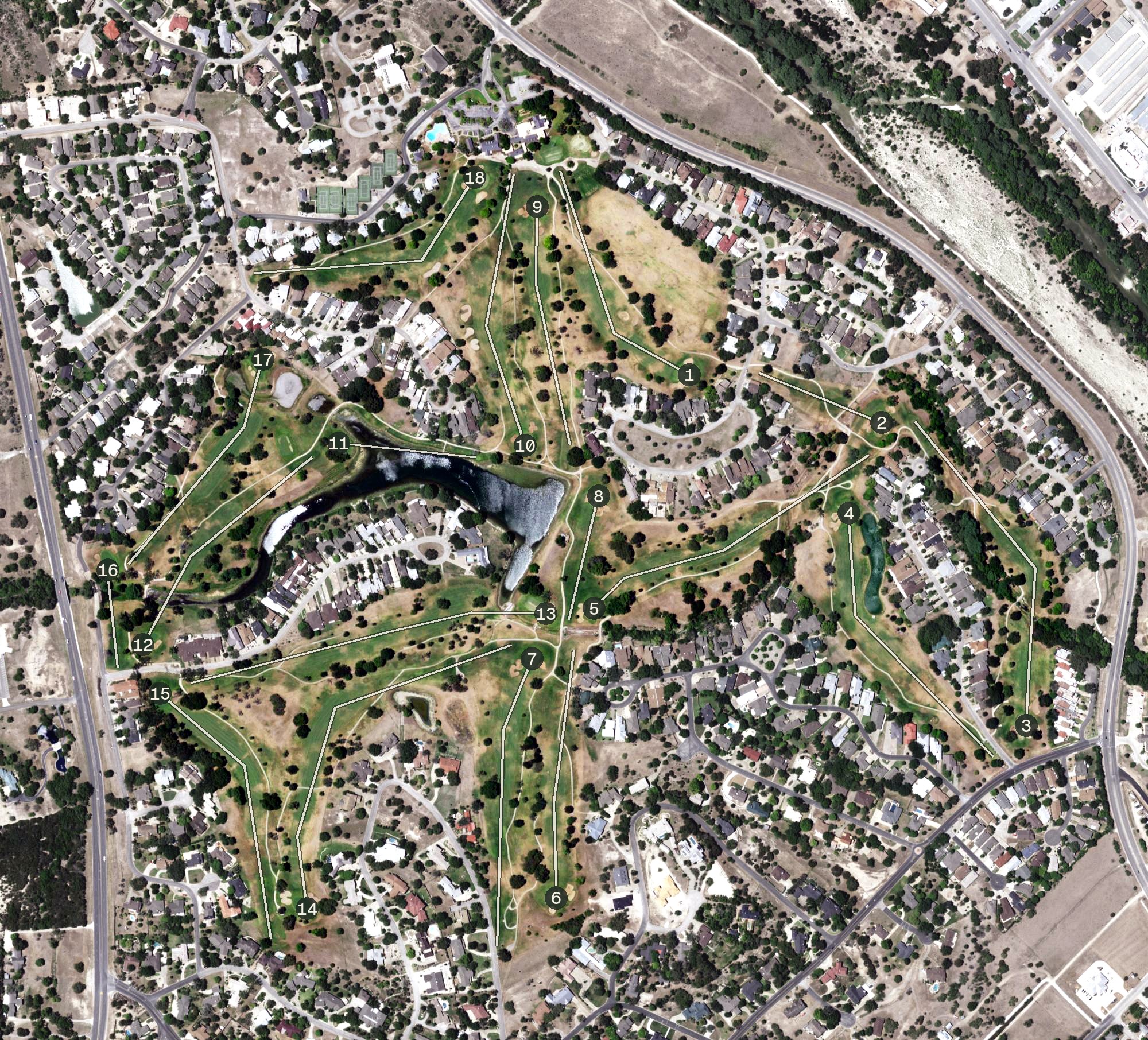 Aerial view of Riverhill Country Club, TX