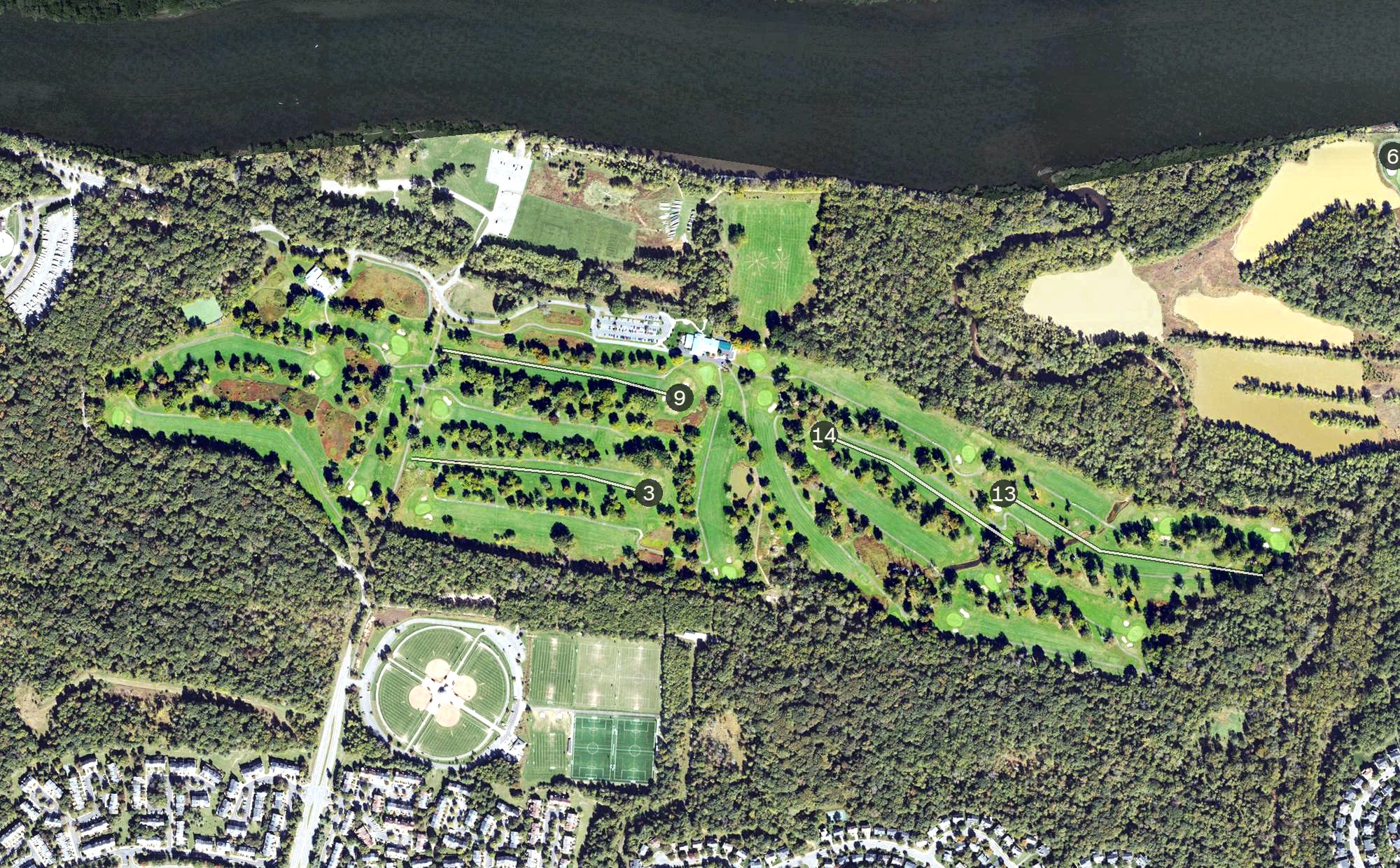 Aerial view of Algonkian Regional Park Golf Course, VA