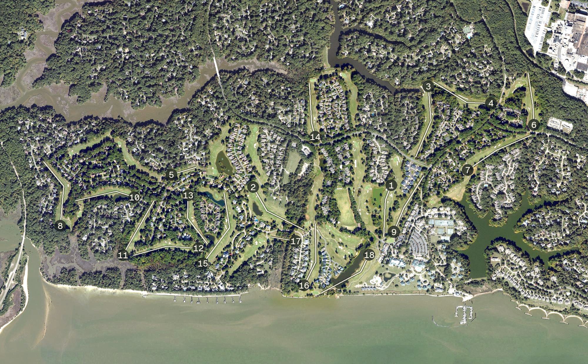 Aerial view of Kingsmill Resort: The River Course, VA