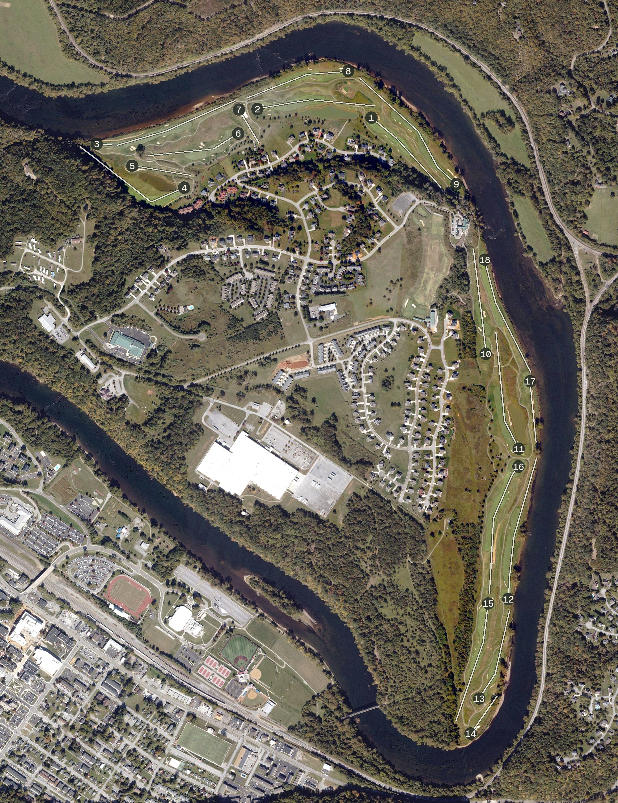 Aerial view of Pete Dye River Course of Virginia Tech, VA